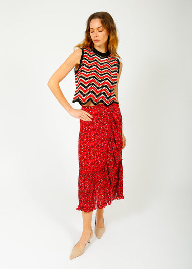 GANNI F8872 Pleated Georgette Flounce Skirt in Racing Red
