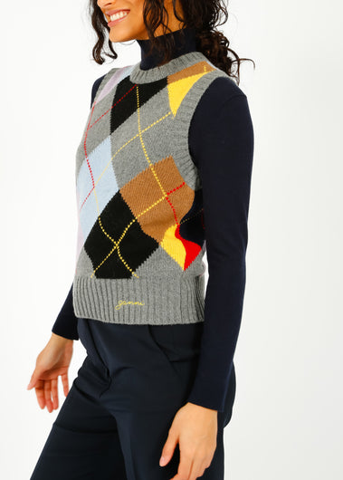 GANNI K2101 Harlequin Wool Mix Vest in Frost Grey