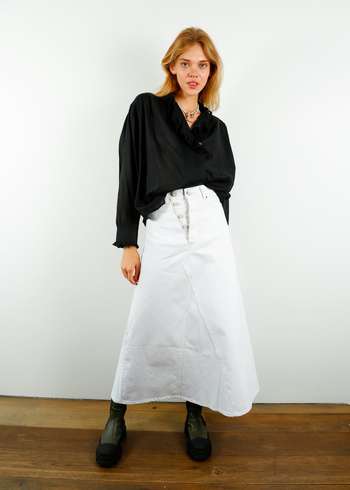 GANNI J1267 Denim Maxi Skirt in Bright White