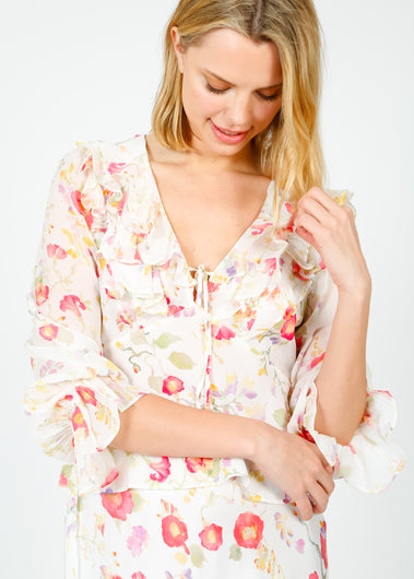 RIXO Lasca Top in Waterblossom Ivory