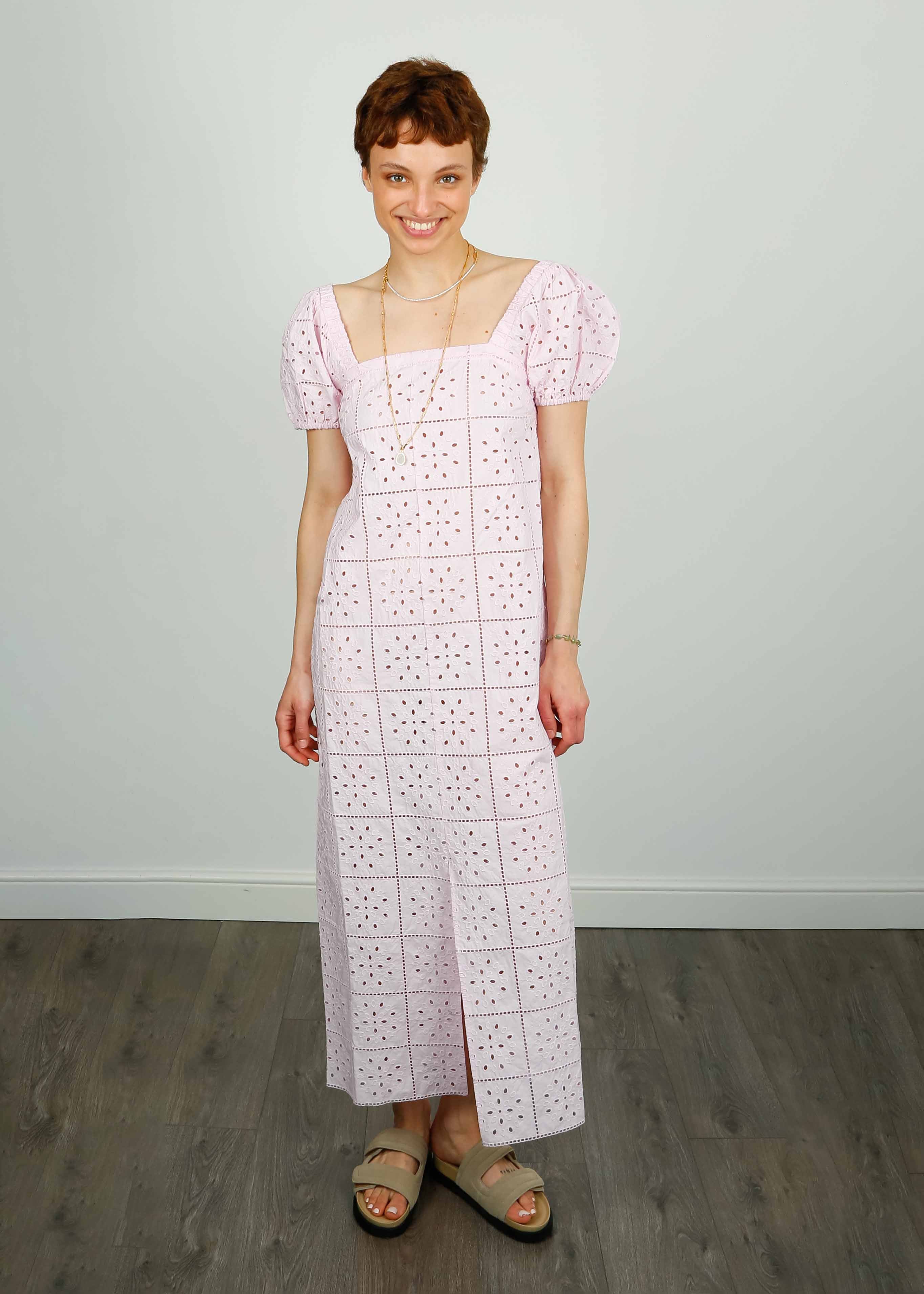 GANNI F7809 Broiderie Anglaise Midi Dress in Pink