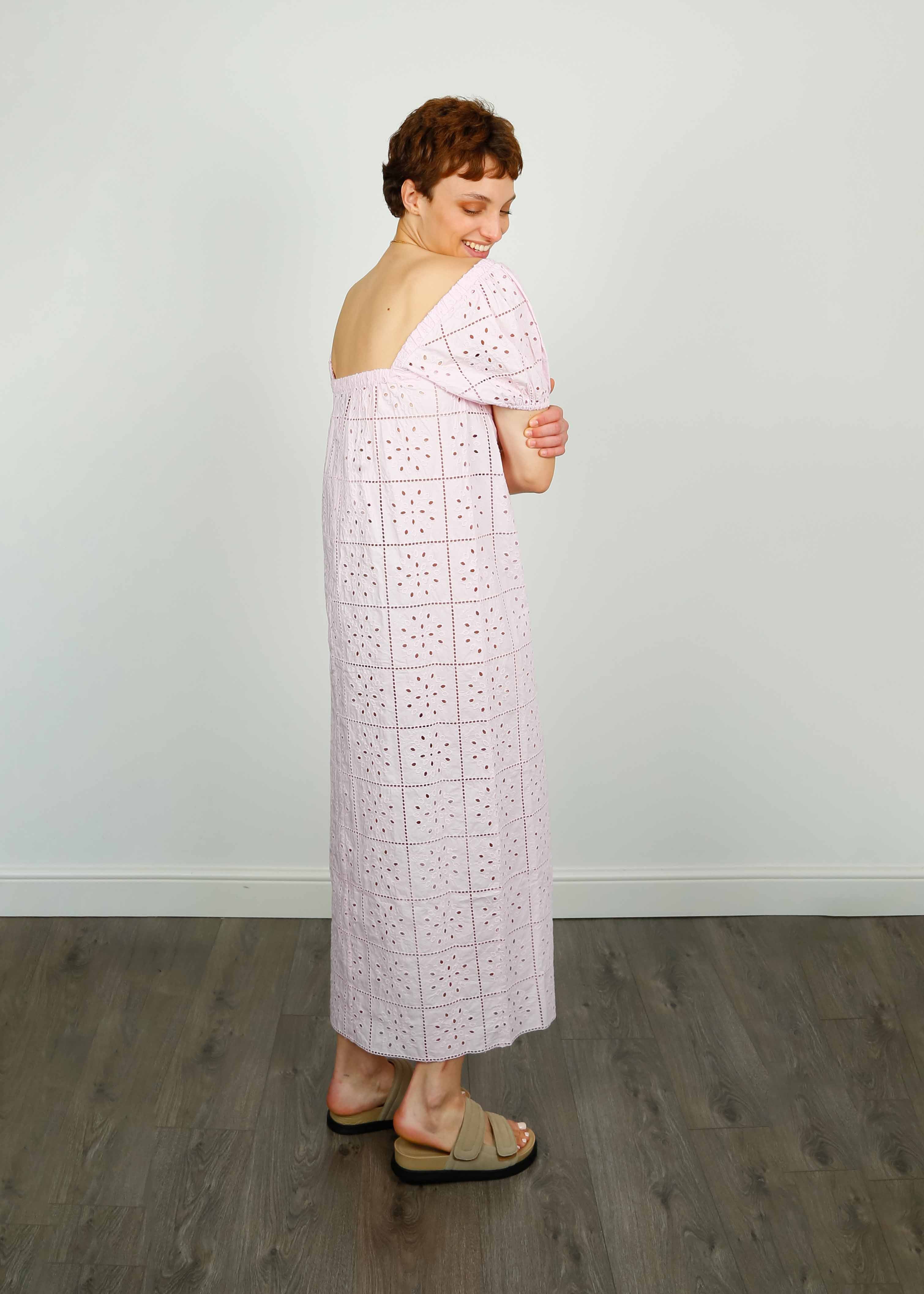 GANNI F7809 Broiderie Anglaise Midi Dress in Pink