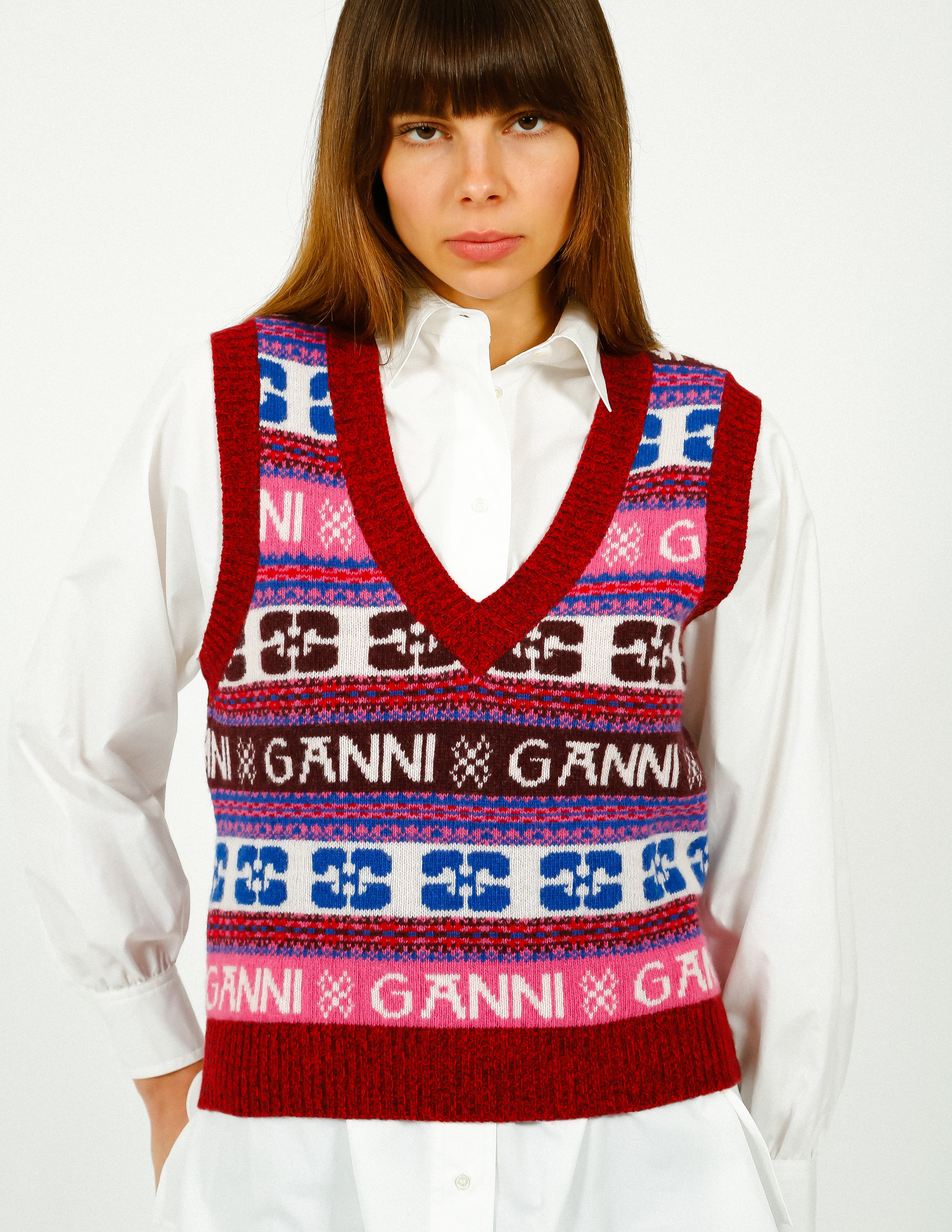 GANNI K2121  Logo Wool Mix Vest in Multi