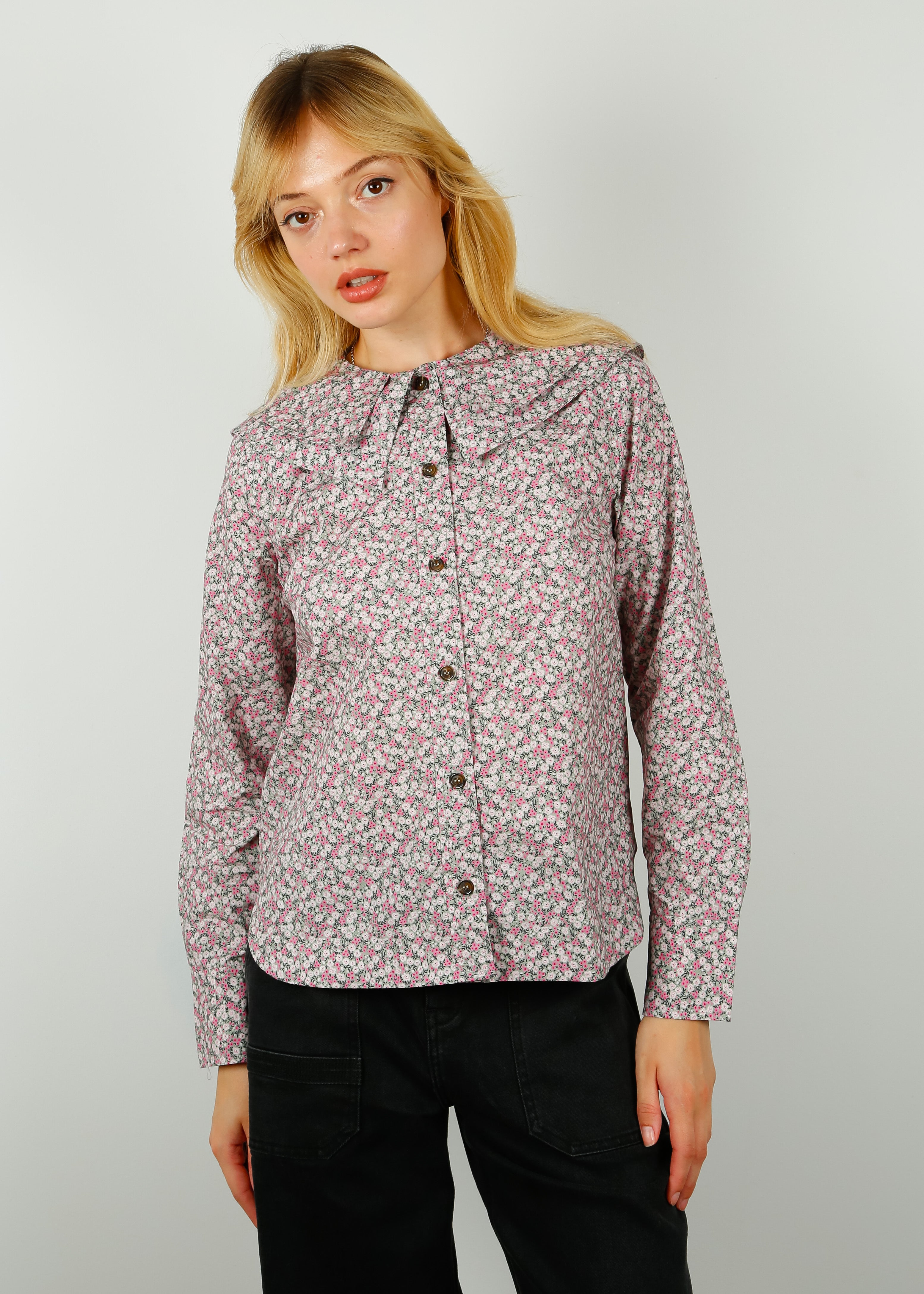 GANNI F8218 Printed Double Collar Shirt in Frost Grey