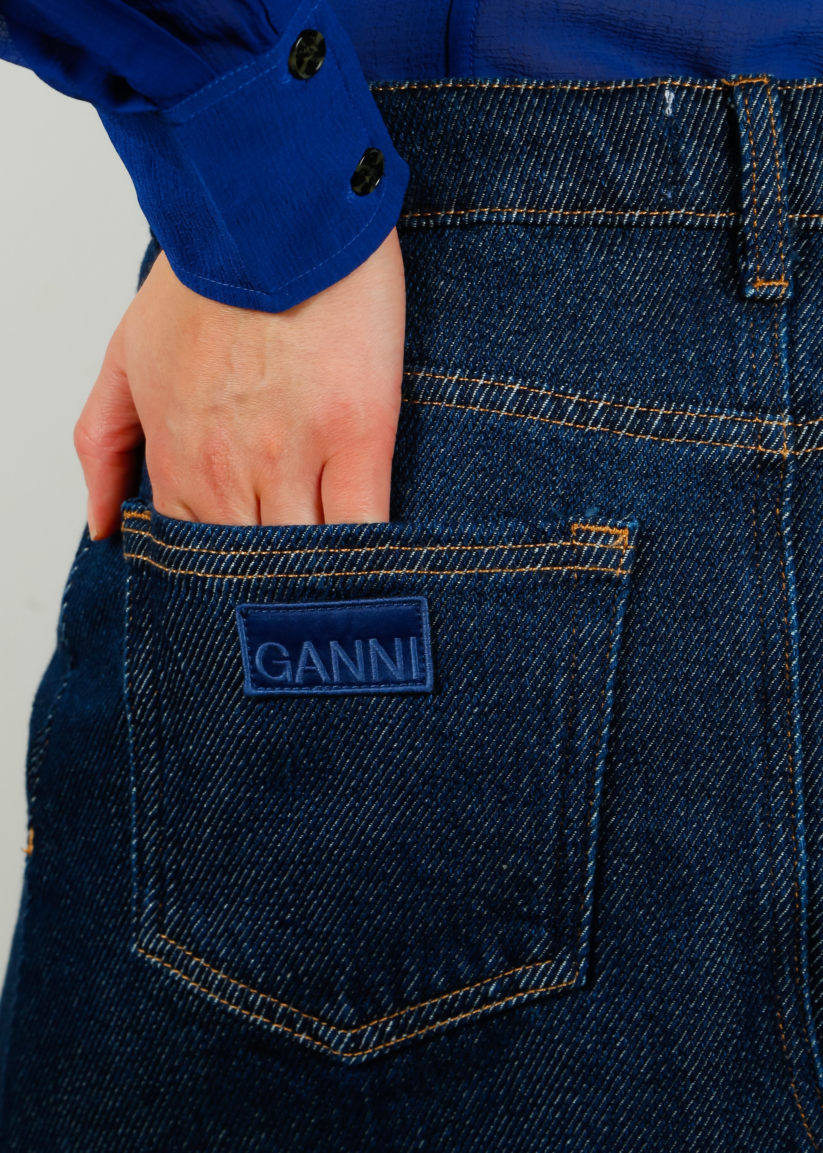 GANNI J1354 Heavy Denim Midi Skirt in Rinse