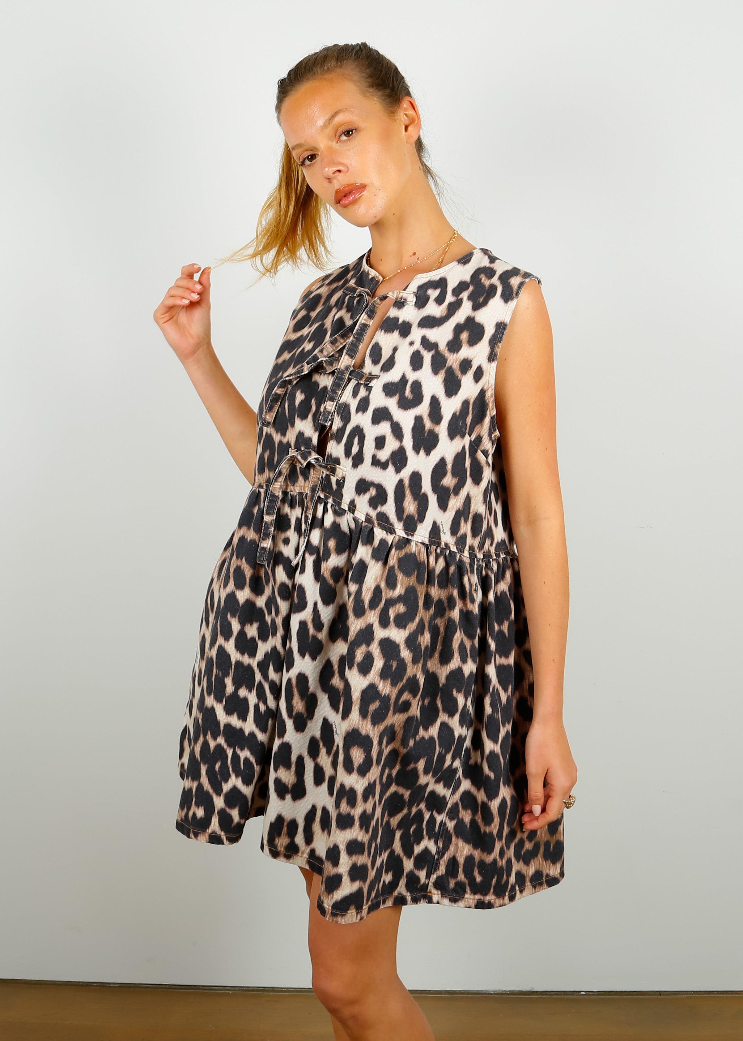 GANNI J1174 Printed Denim Mini Dress in Leopard