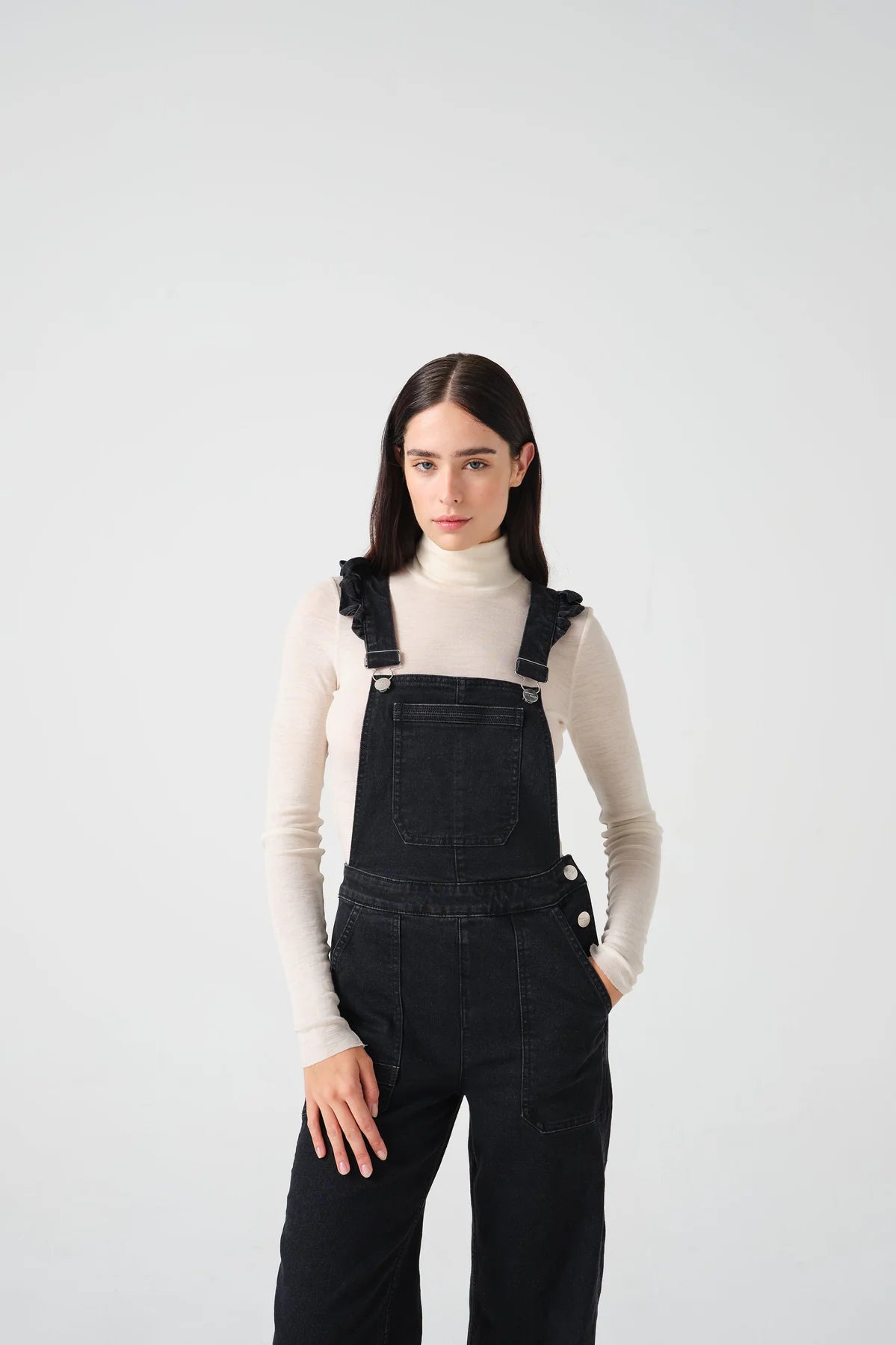 S&M Elodie Frill Dungarees in Washed Black