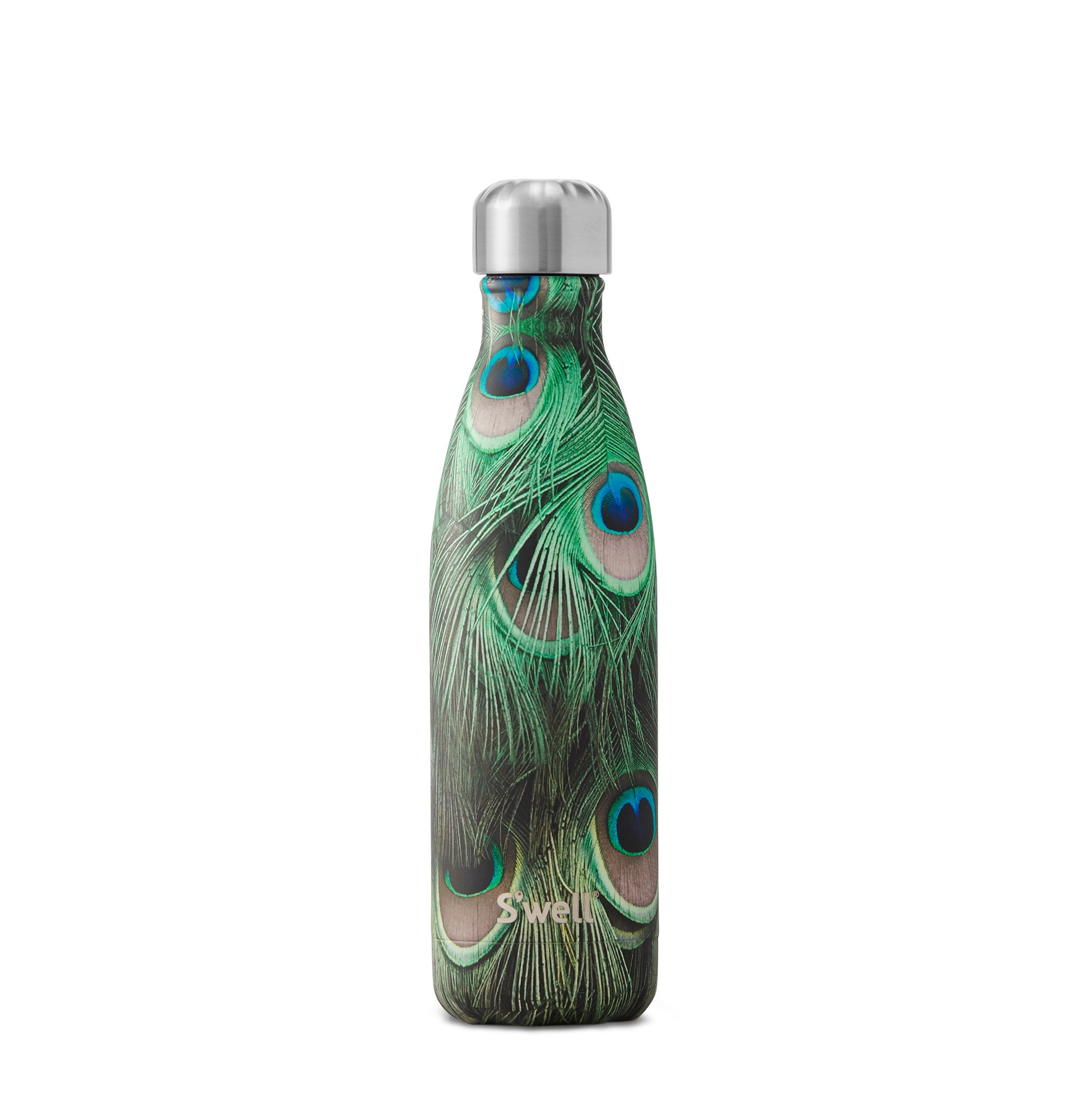 S'well water bottle in peacock print
