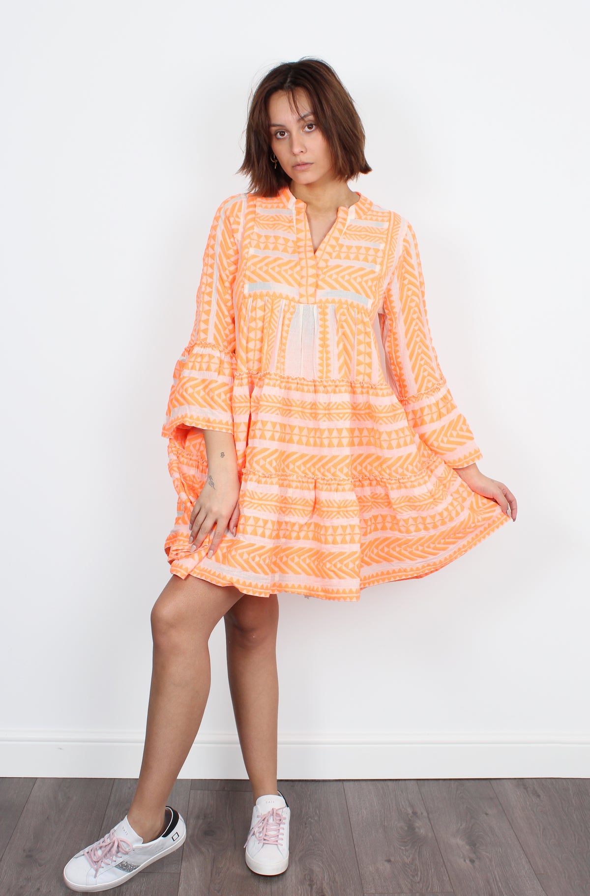 Ella Dress 193 in Neon Orange and Off White