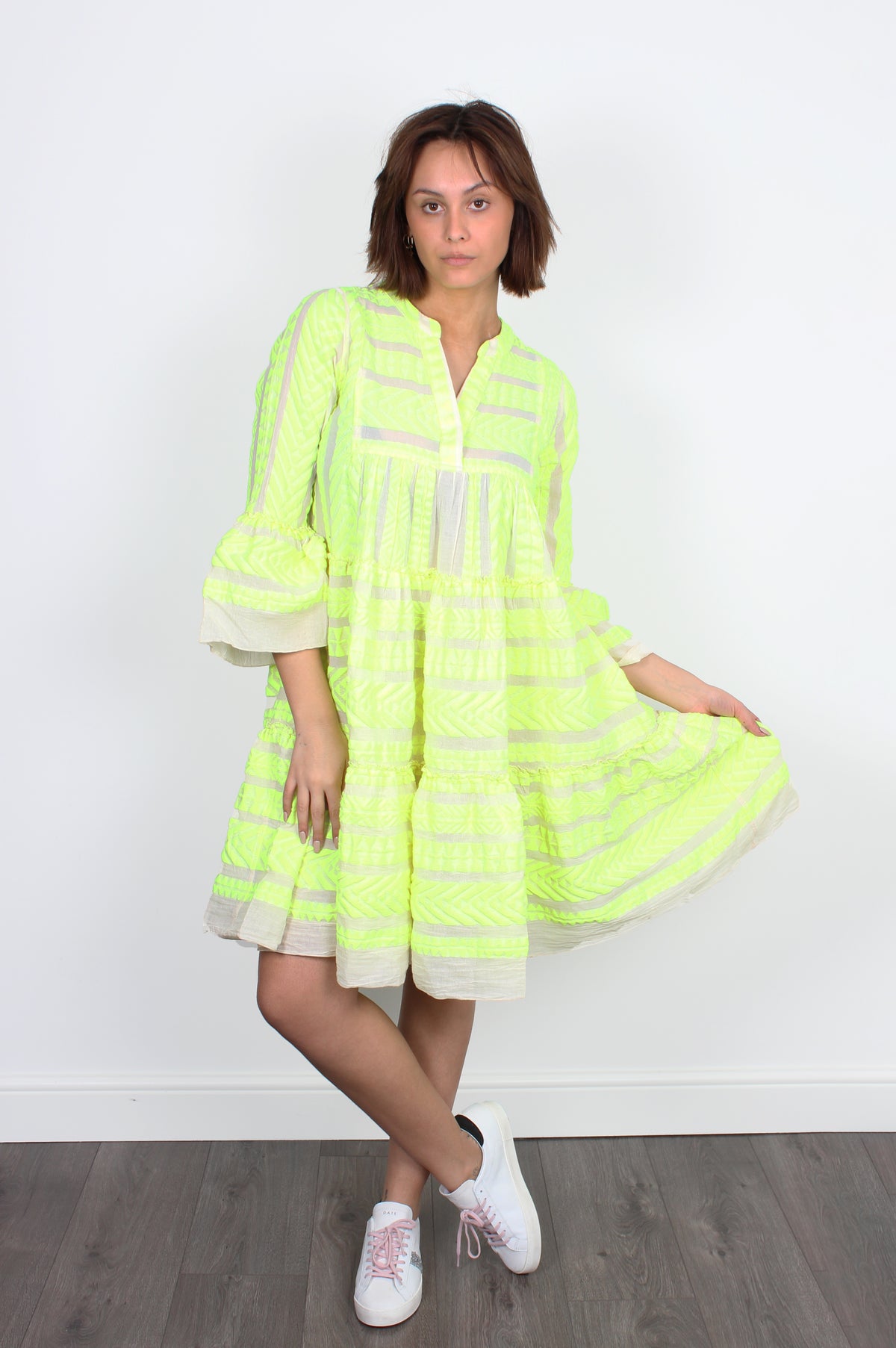 Ella Midi Dress 701 in Neon Lime and Off White
