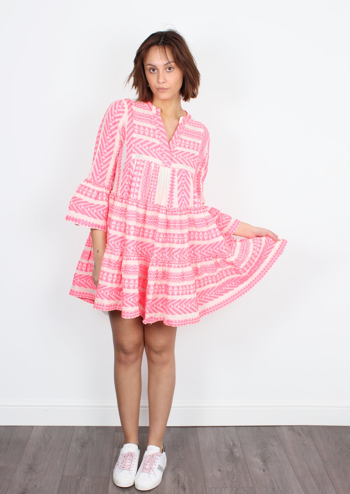 Ella Dress 193 in Neon Pink and Off White