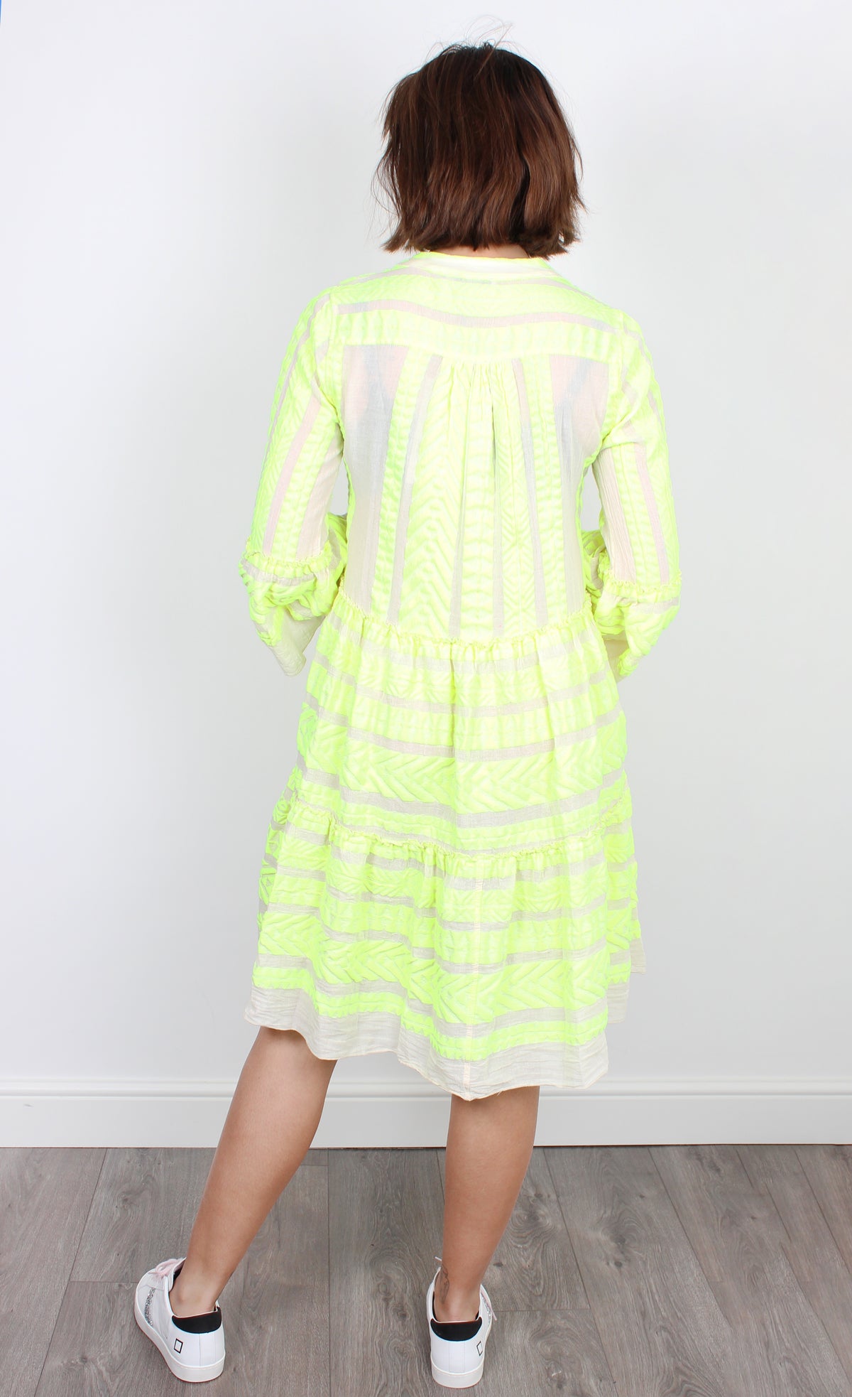 Ella Midi Dress 701 in Neon Lime and Off White