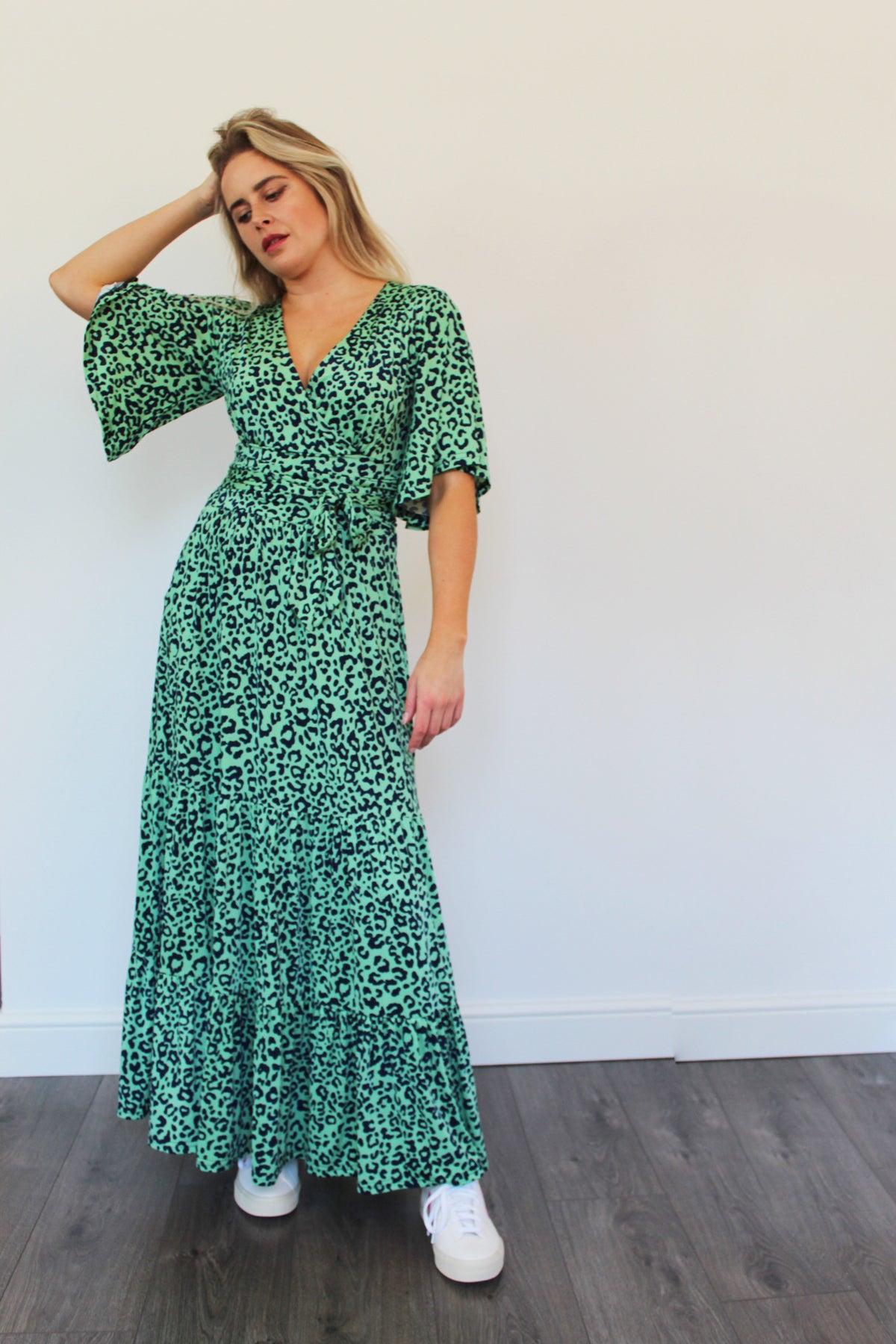 ONJENU Tilly Maxi Dress in Green Cheetah