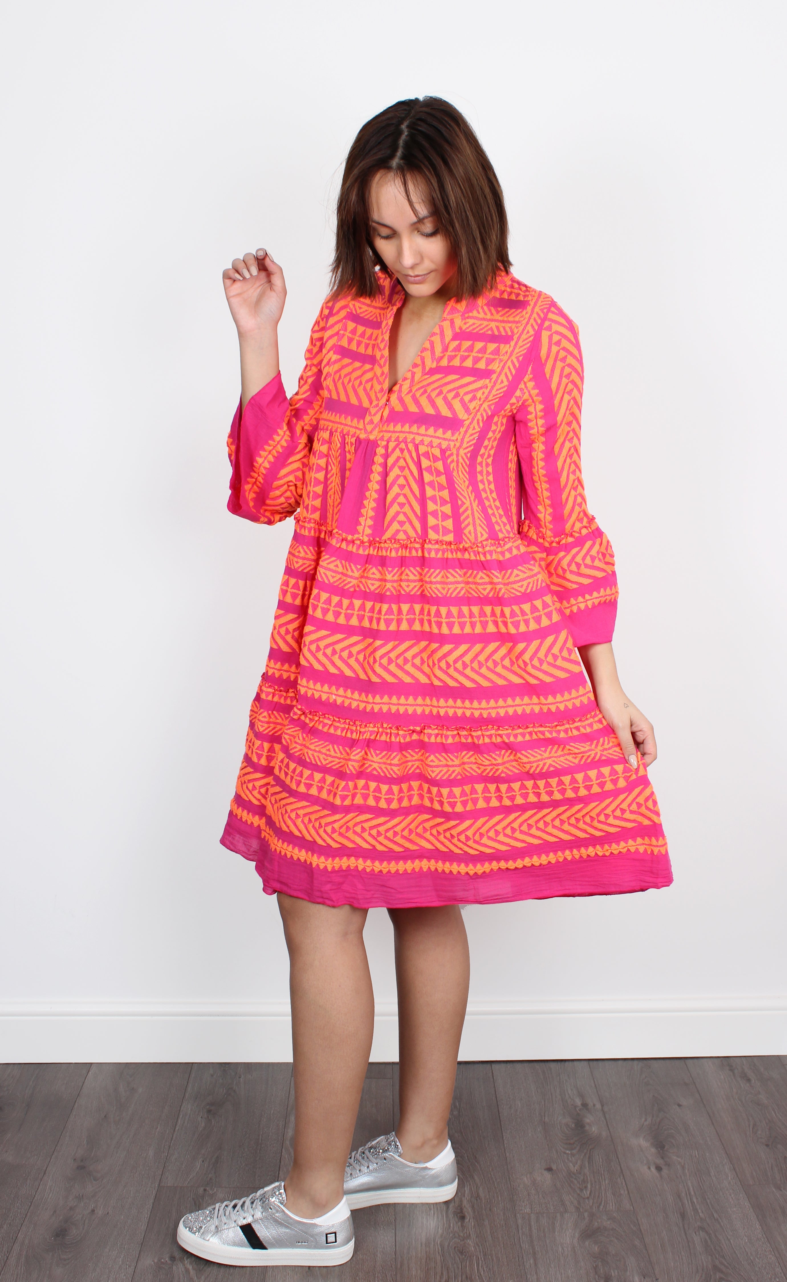 Ella Midi Dress 701 in Neon Orange and Fucshia