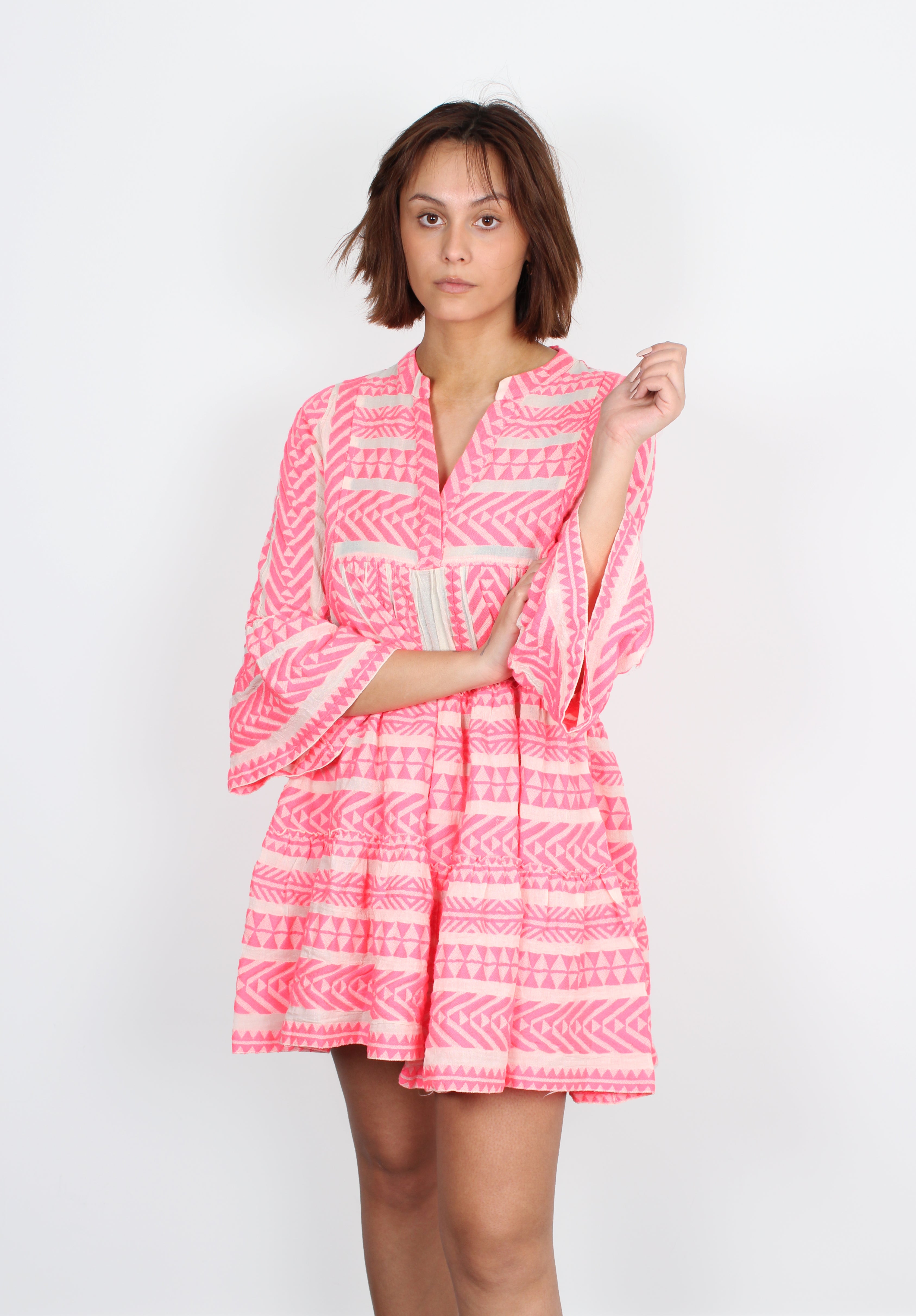 Ella Dress 193 in Neon Pink and Off White