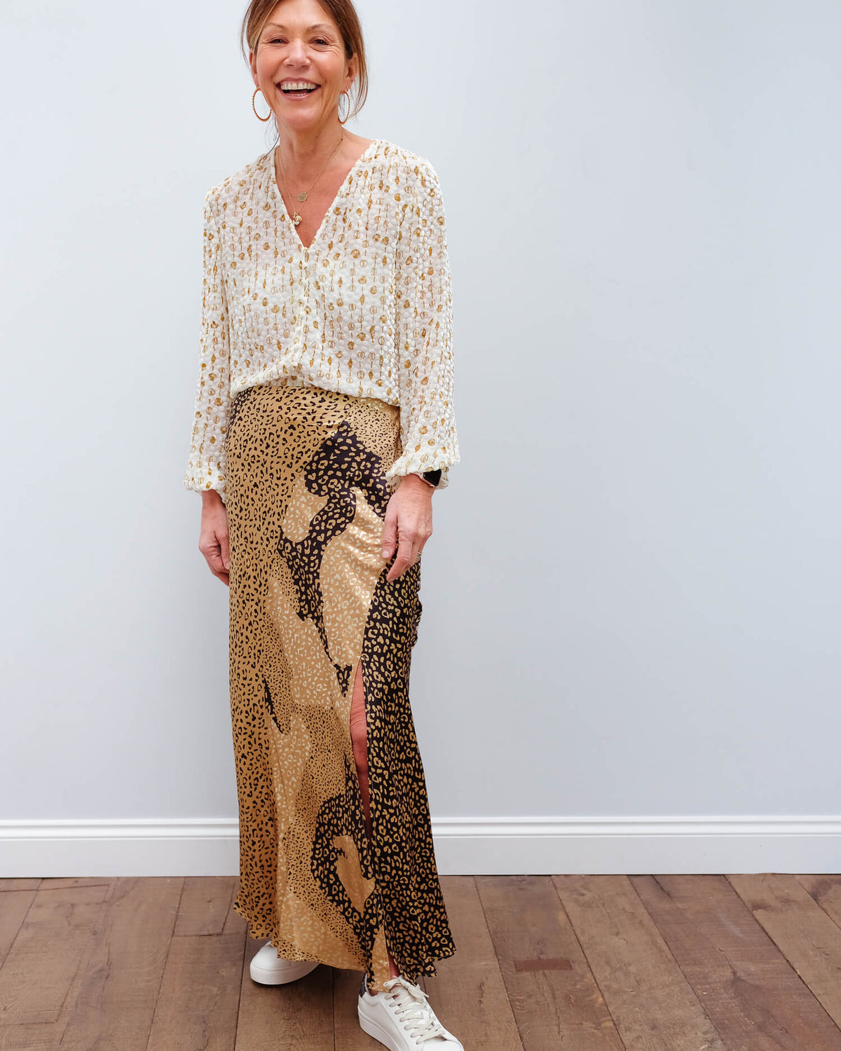 RIXO Parker skirt in gold patchwork leopard