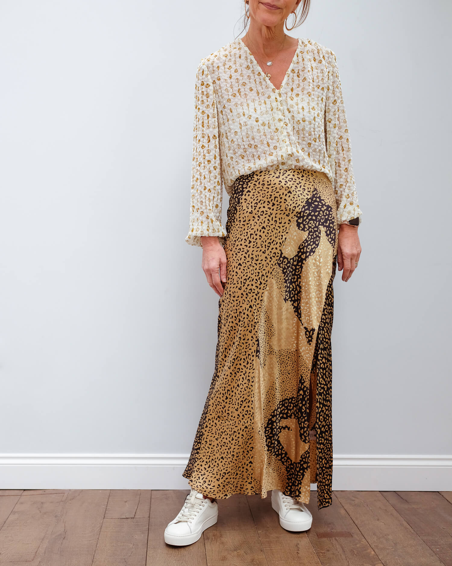 RIXO Parker skirt in gold patchwork leopard