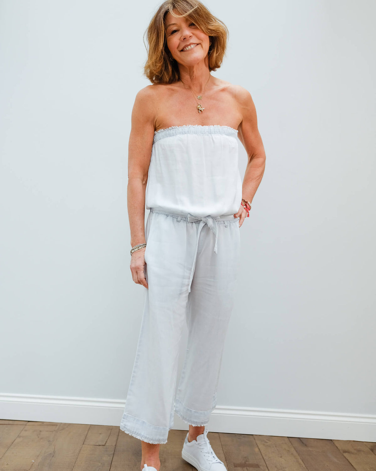 BD 6053 Strapless crop jumpsuit in white out
