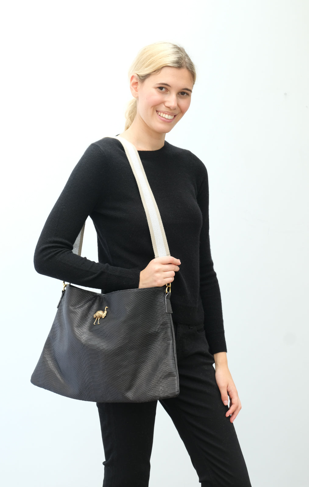 SLP Zaza bag in black with ostrich motif, silver strap