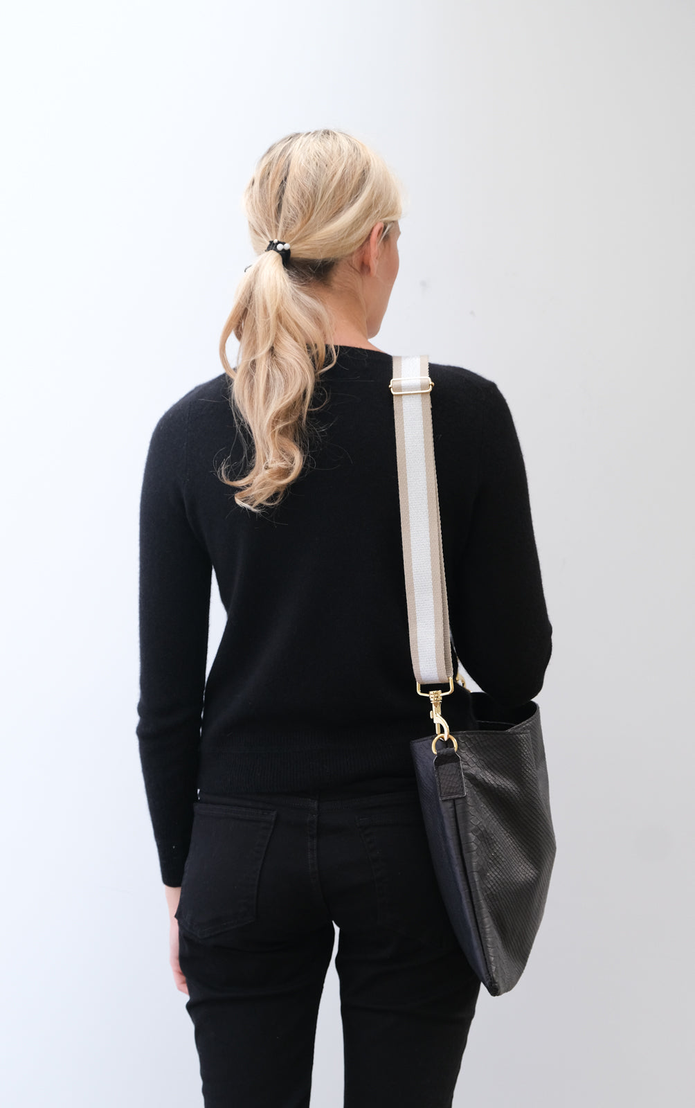 SLP Zaza bag in black with ostrich motif, silver strap