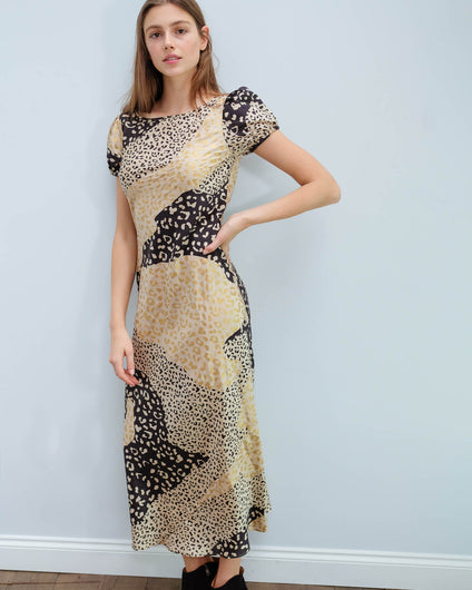 RIXO Reese dress in gold patchwork leopard