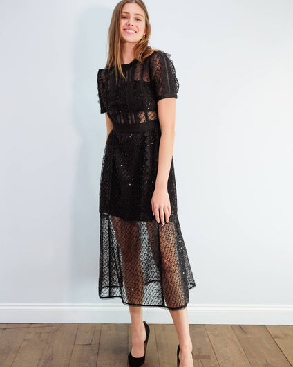 SP Sequin mesh puff sleeve midi dress in black