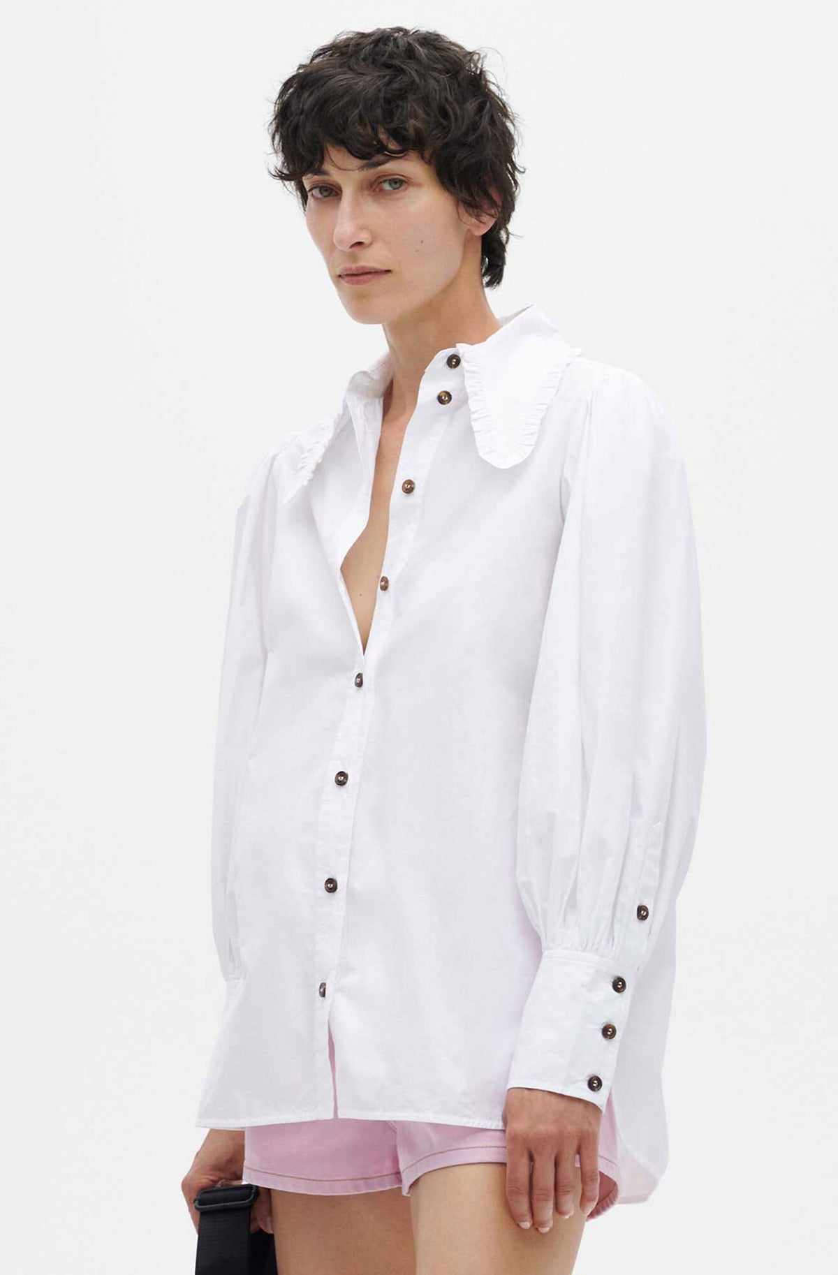 Ganni F7034 Cotton Poplin Long Collar Shirt in White