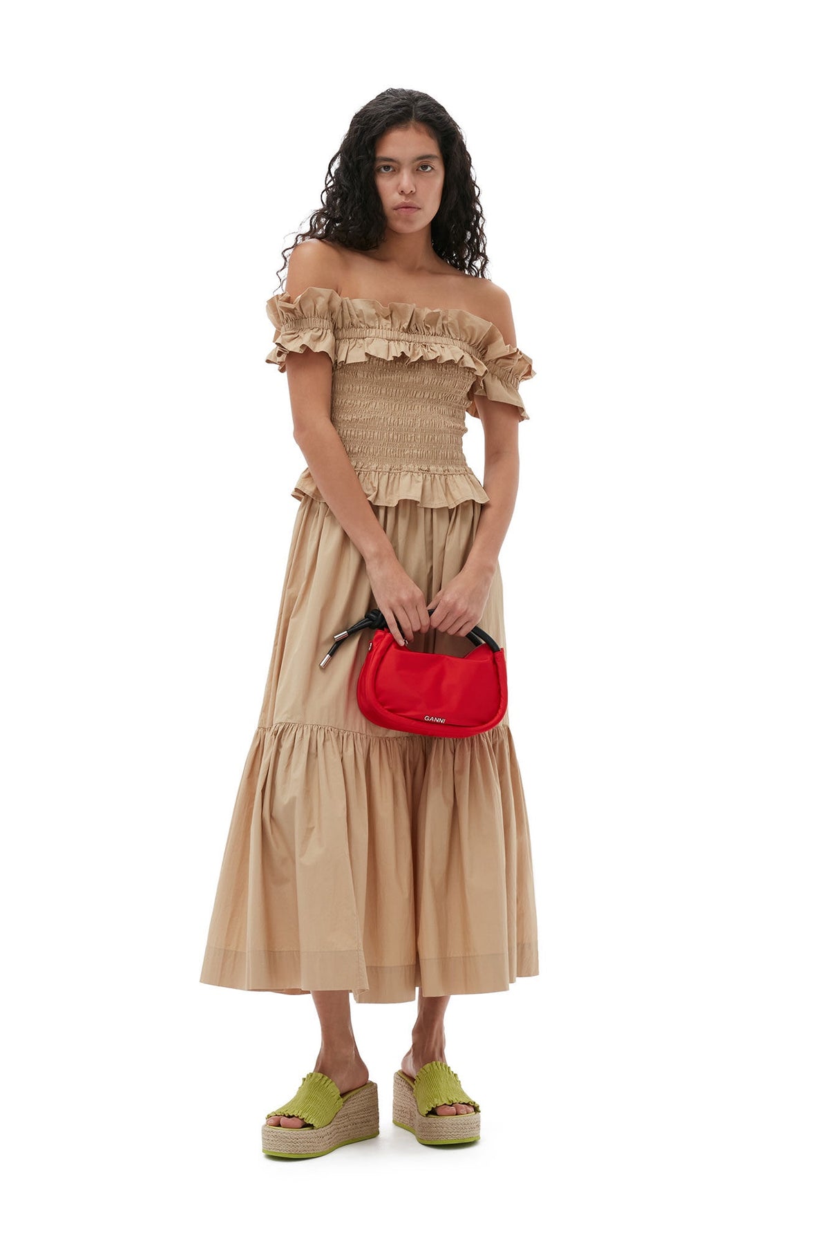GANNI F8187 Cotton Poplin Flounce Skirt in Curds & Whey