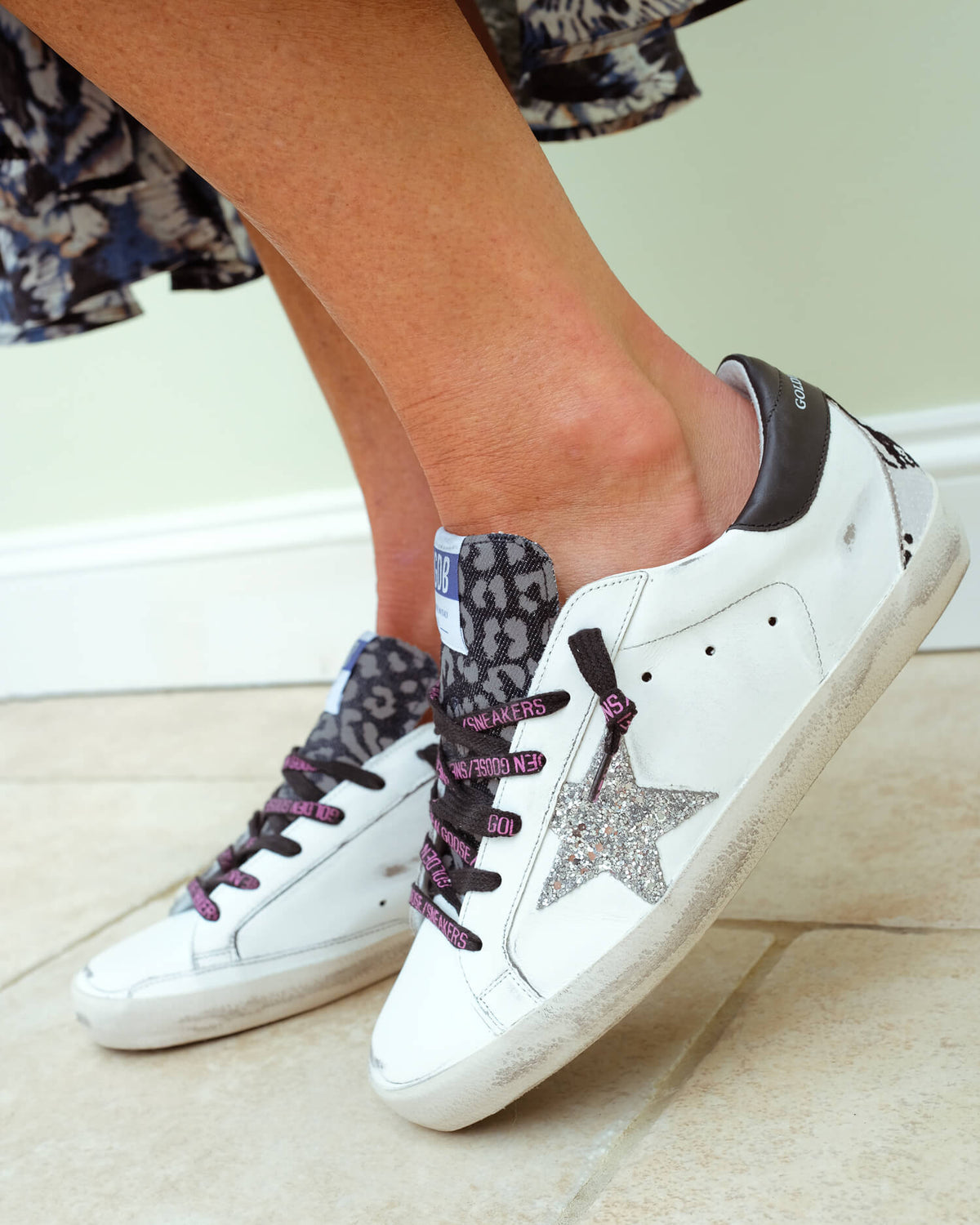 GG Superstar 219 in white with silver glitter star and python heel