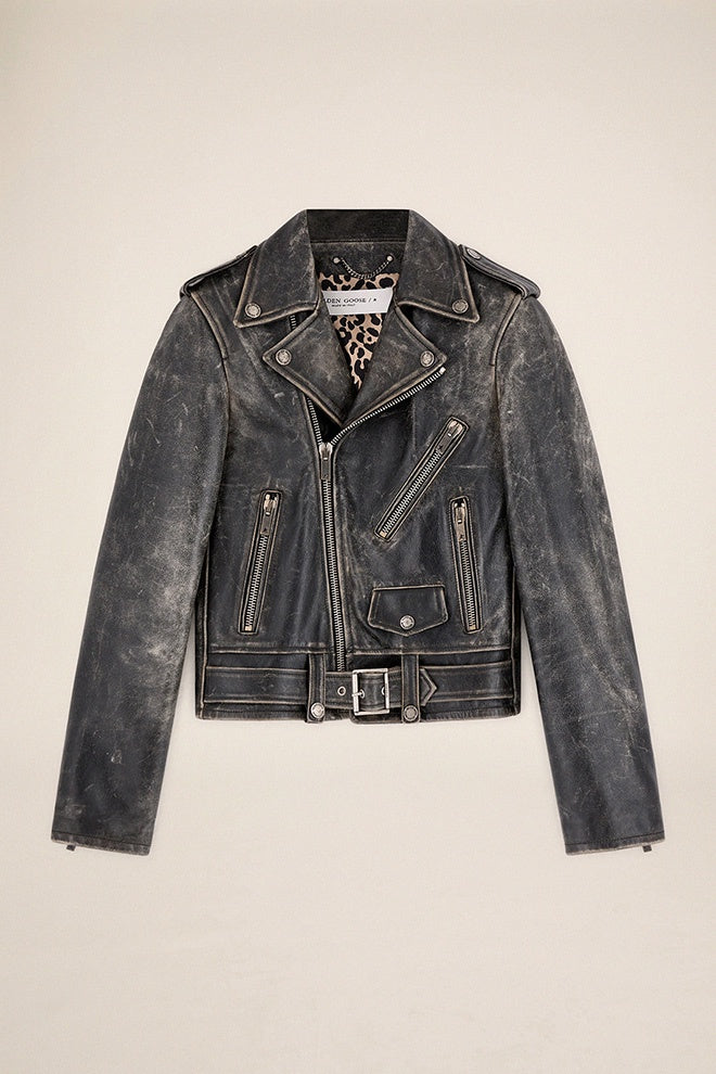 GG Golden Collection Chiodo Leather Jacket with Distressed Treatment