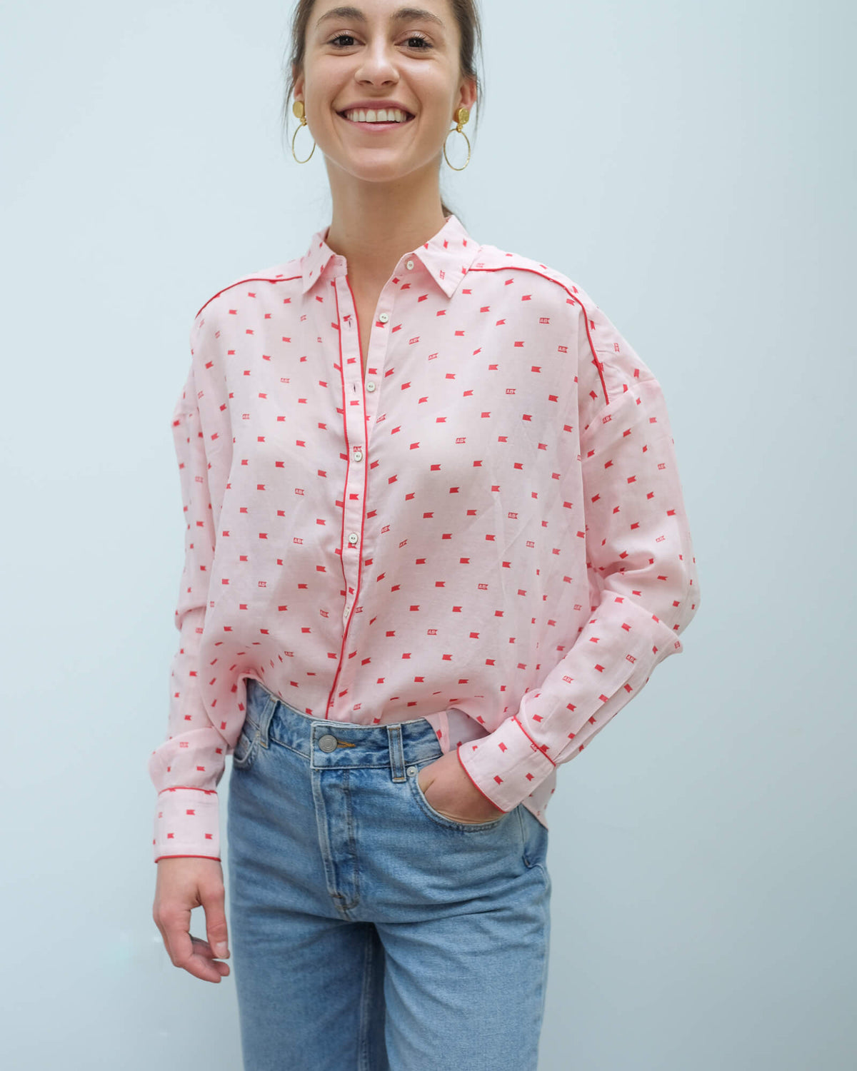 AB 150655 Boxy fit printed shirt in pink and red