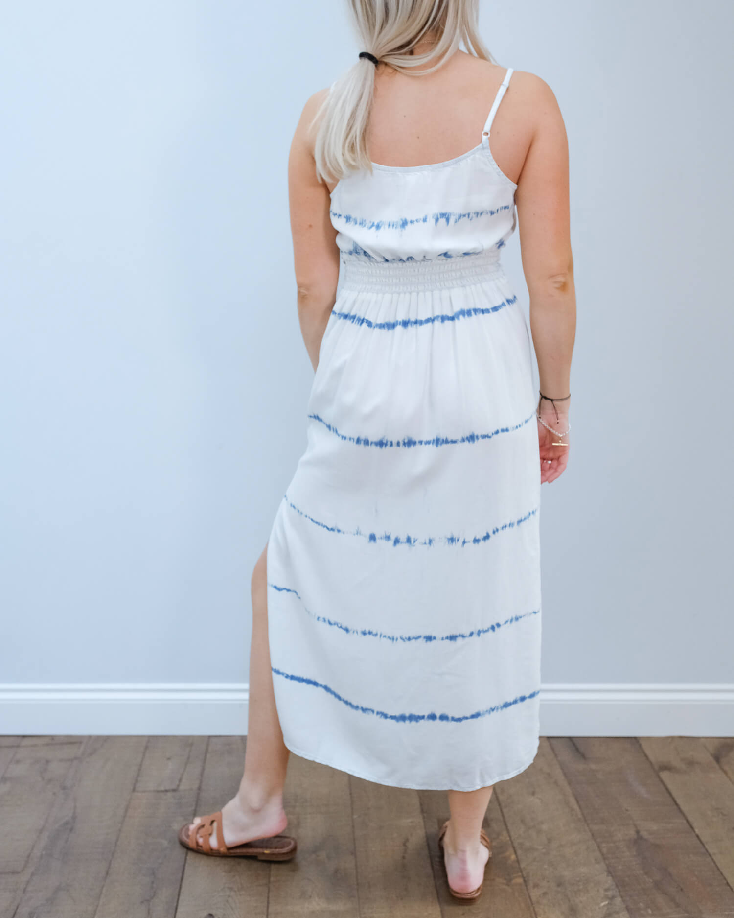 BD 6422 Smocked waist maxi dress in indigo white
