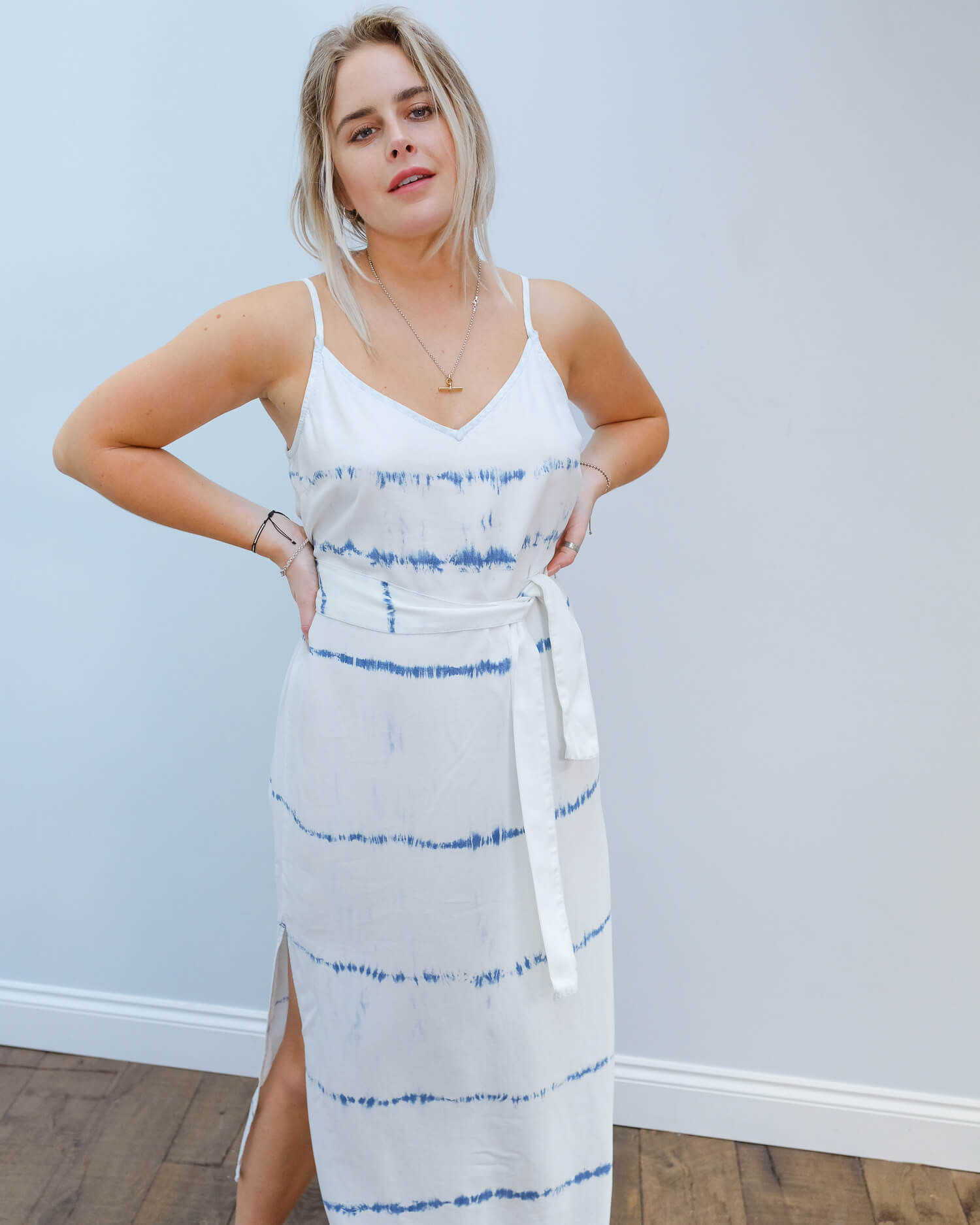 BD 6422 Smocked waist maxi dress in indigo white