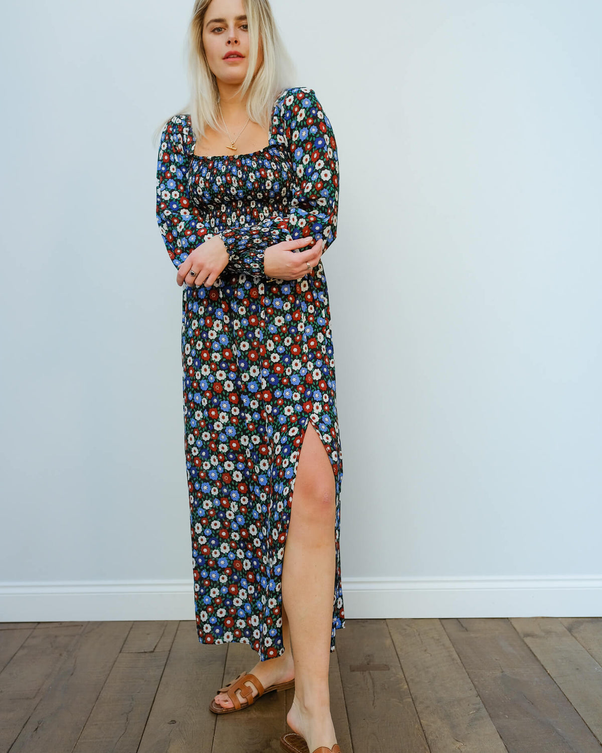 RIXO Marie dress in micro floral blue green red