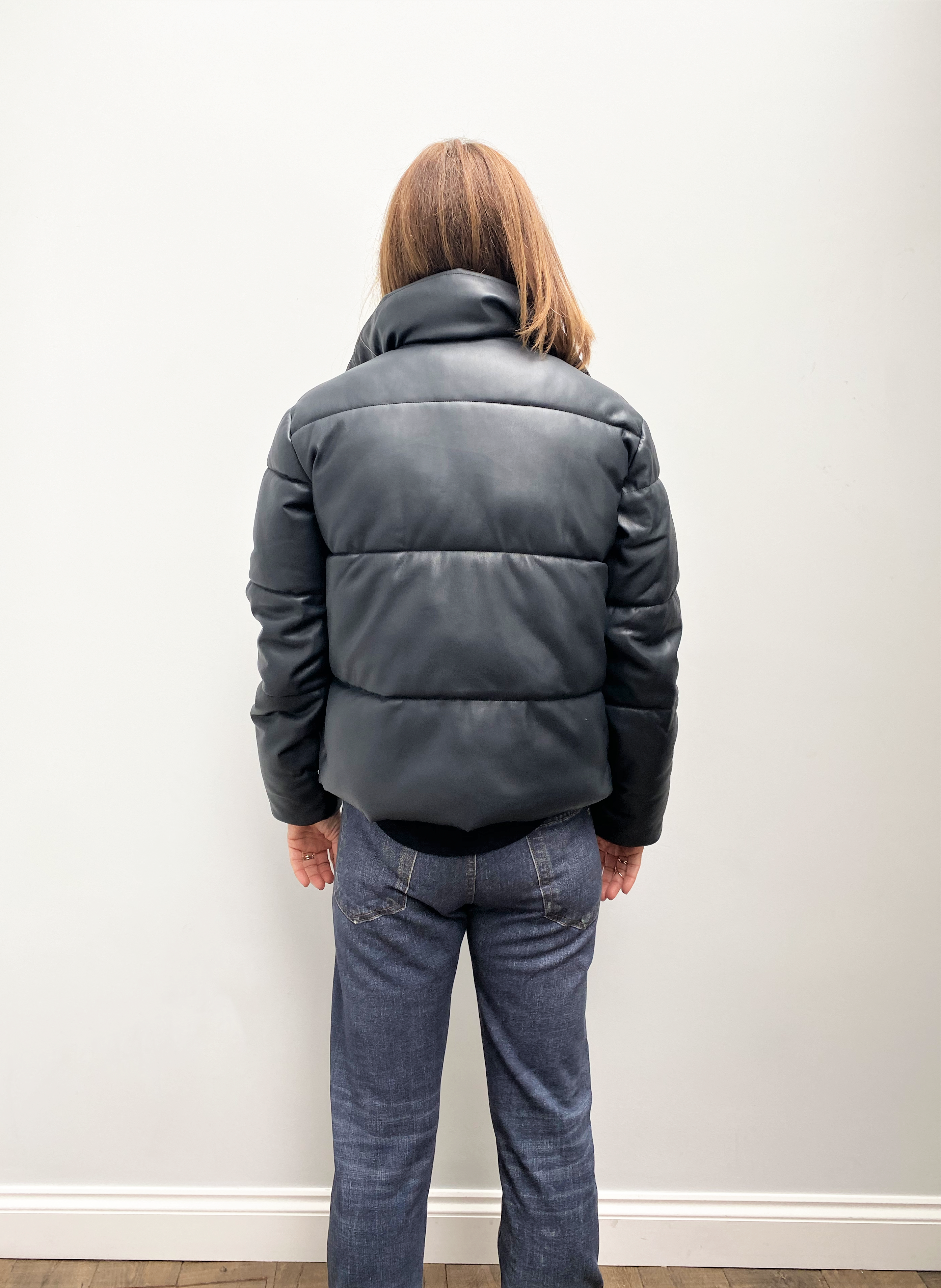 R&P Azizi Faux Leather Puffer Jacket in Navy