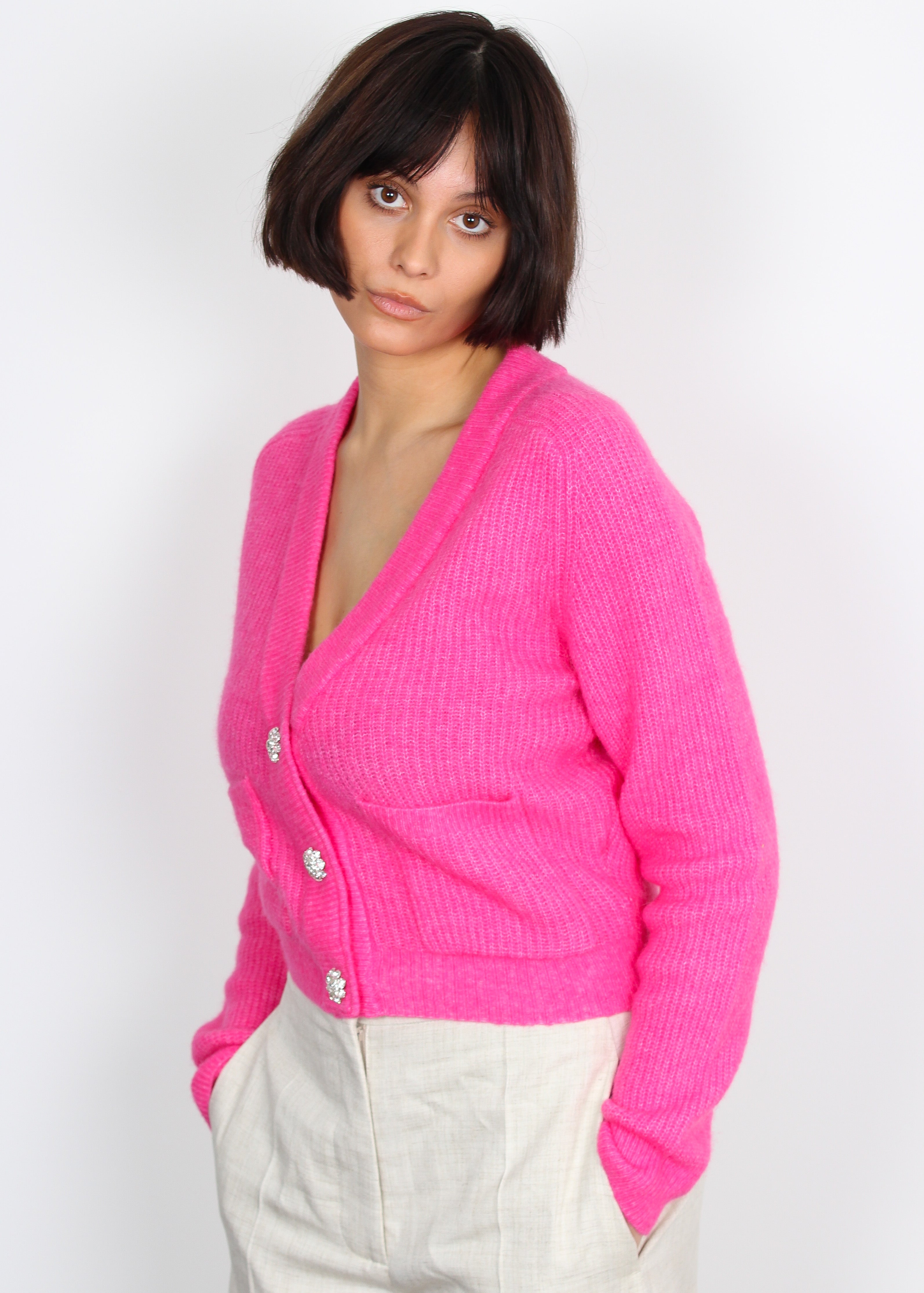 Ganni shocking pink wool cardigan