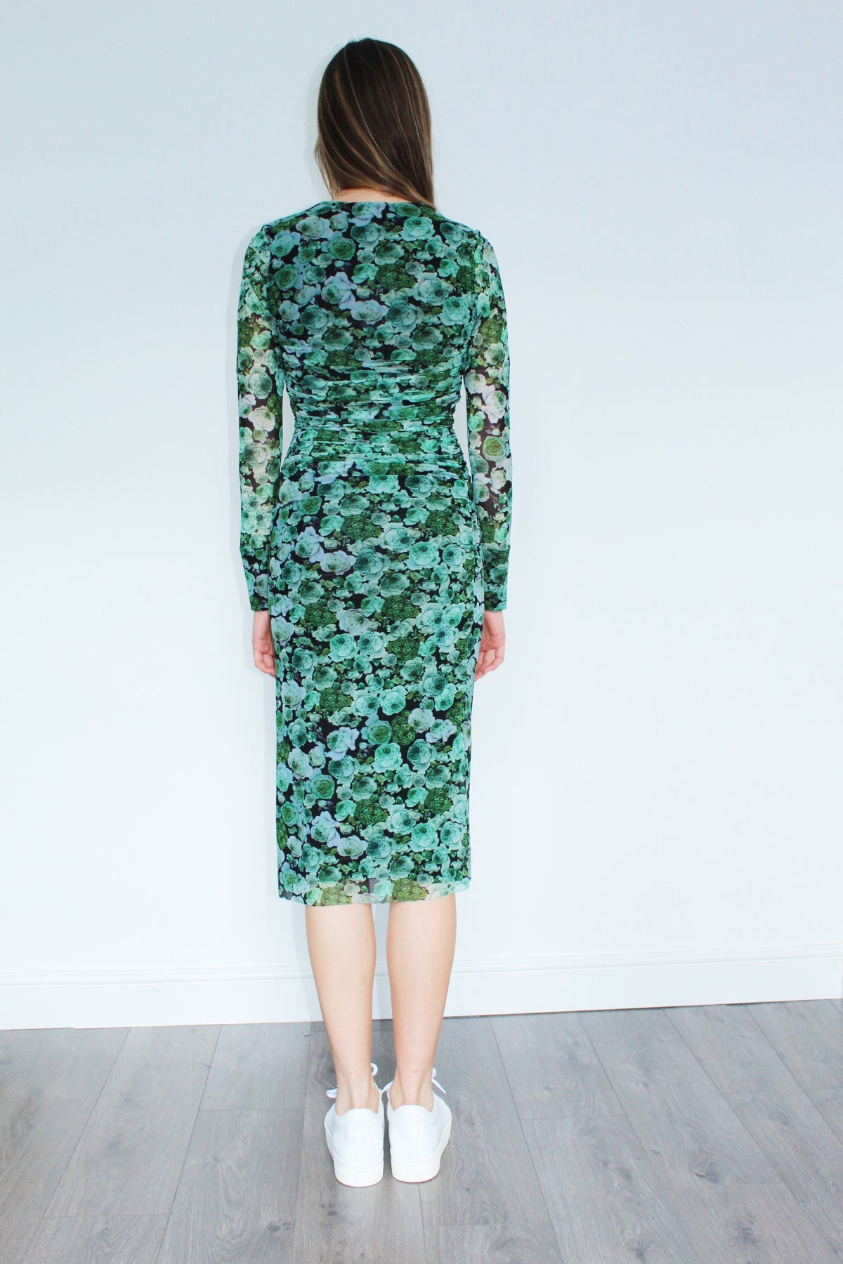 GANNI T2853 Printed Mesh Dress in Kelly Green