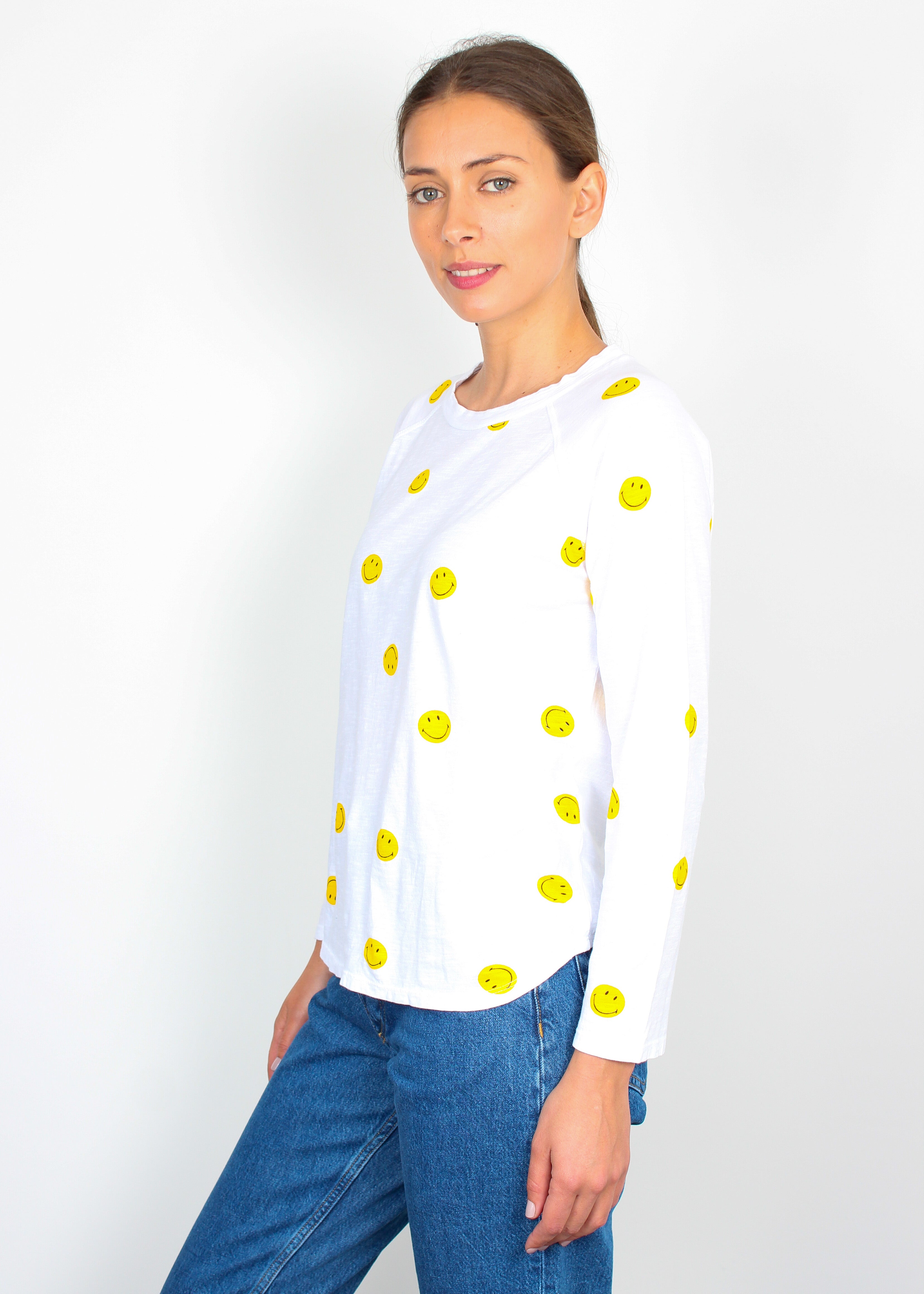 JU All Over Smiley Long Sleeve T-shirt in White