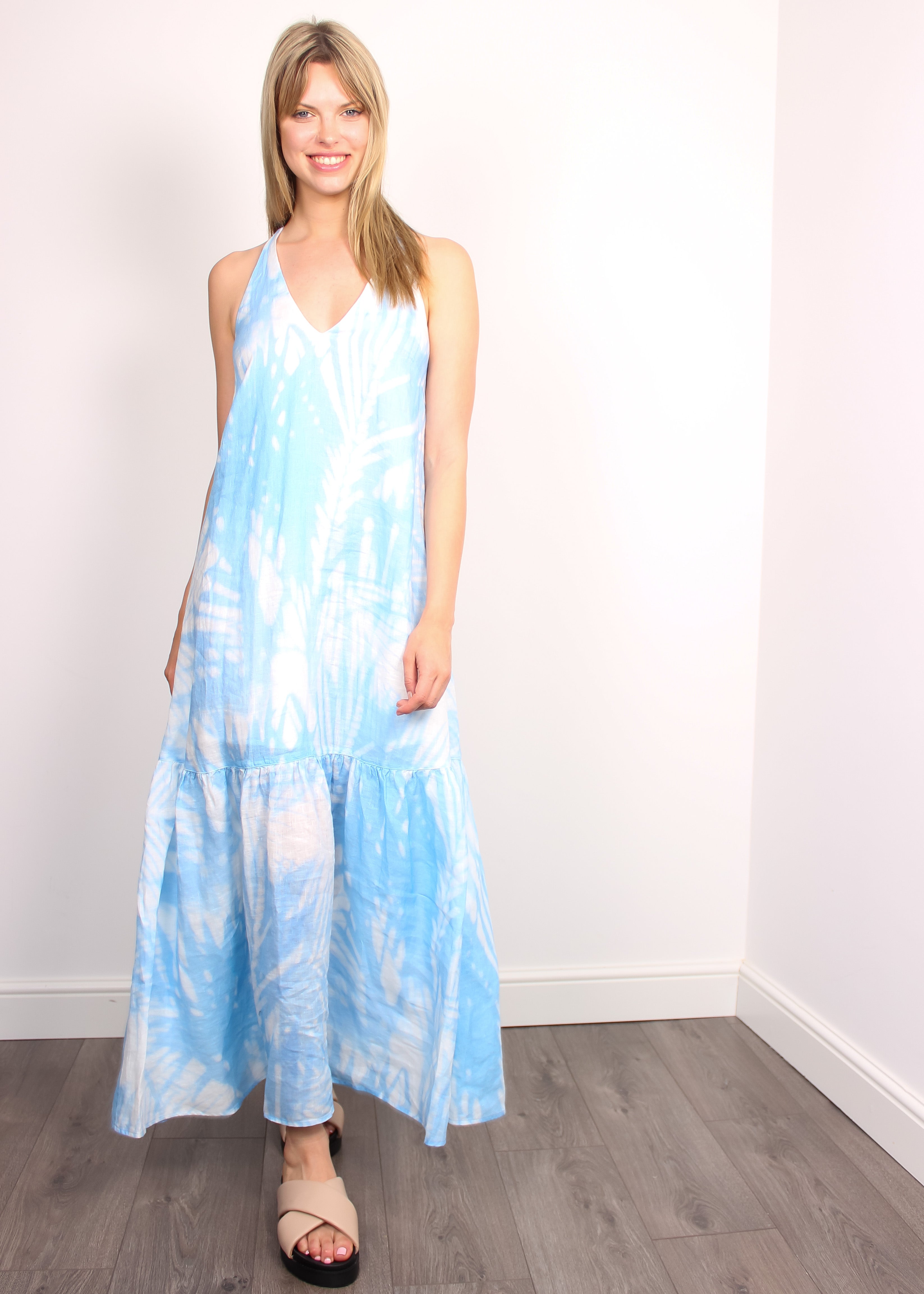 120% Lino V1W49DP Printed Maxi Dress in Blue