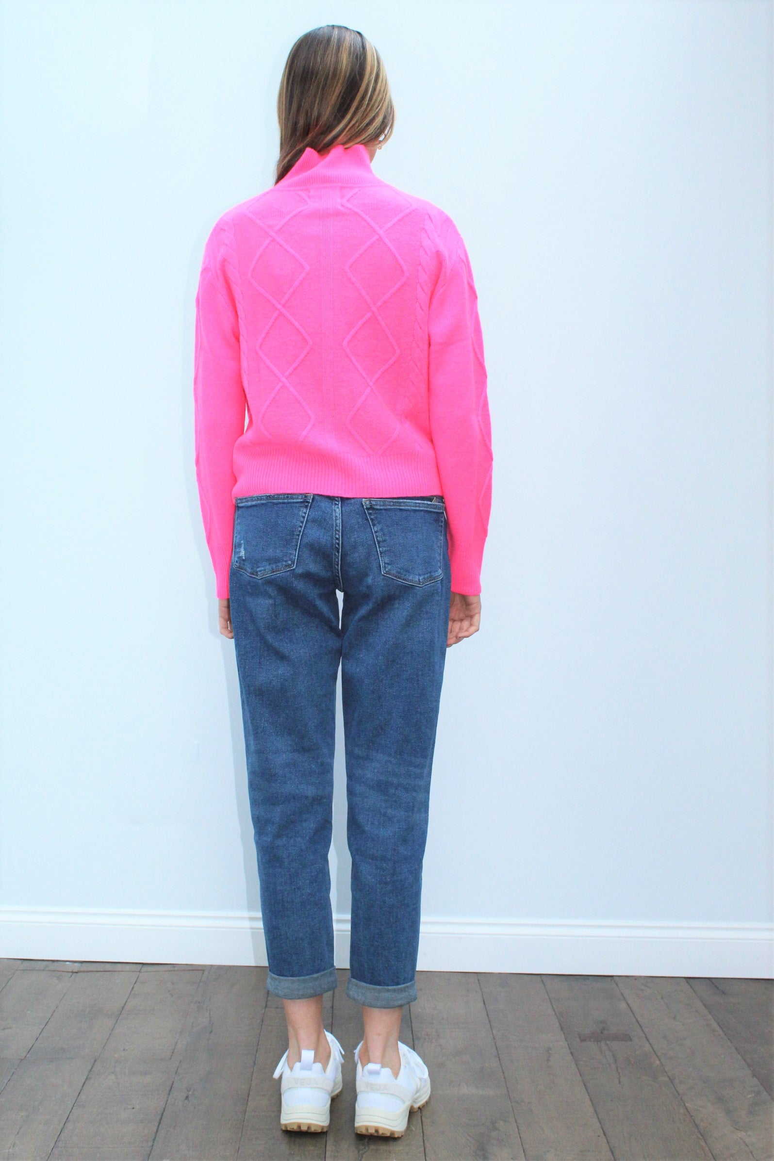 JU Aran Zip Up Knit in Neon Pink