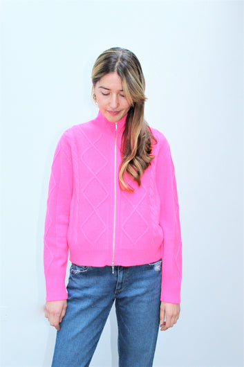 JU Aran Zip Up Knit in Neon Pink
