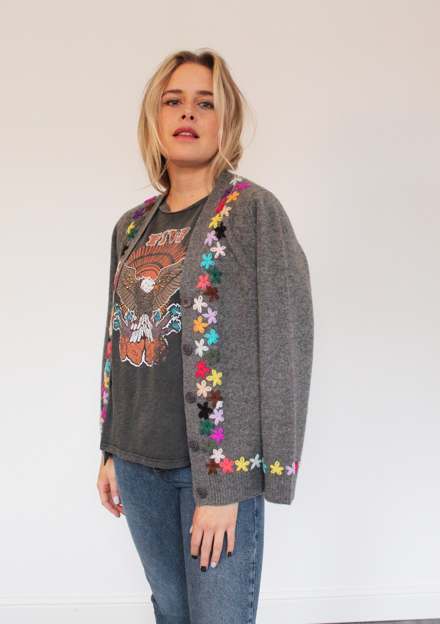 JU Embroidered Cardigan in Mid Grey