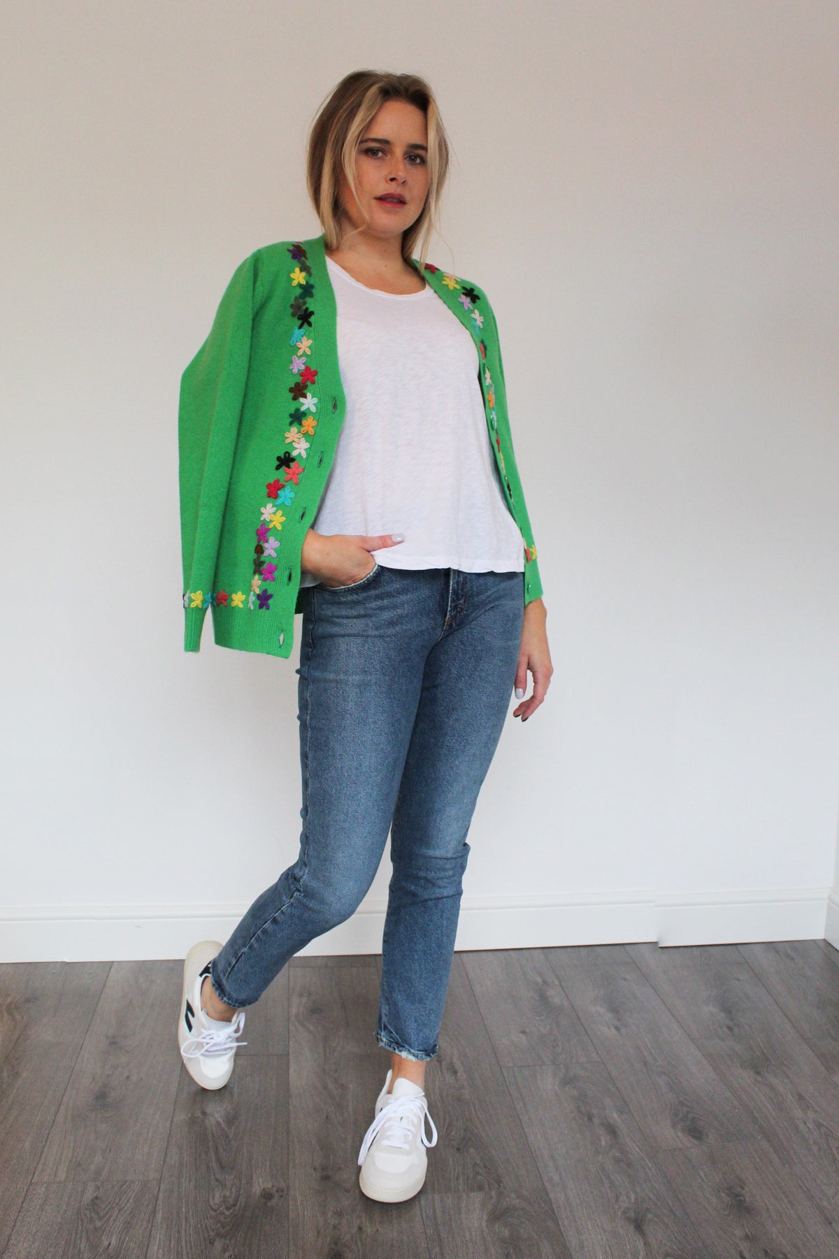 JU Embroidered Cardigan in Bright Green