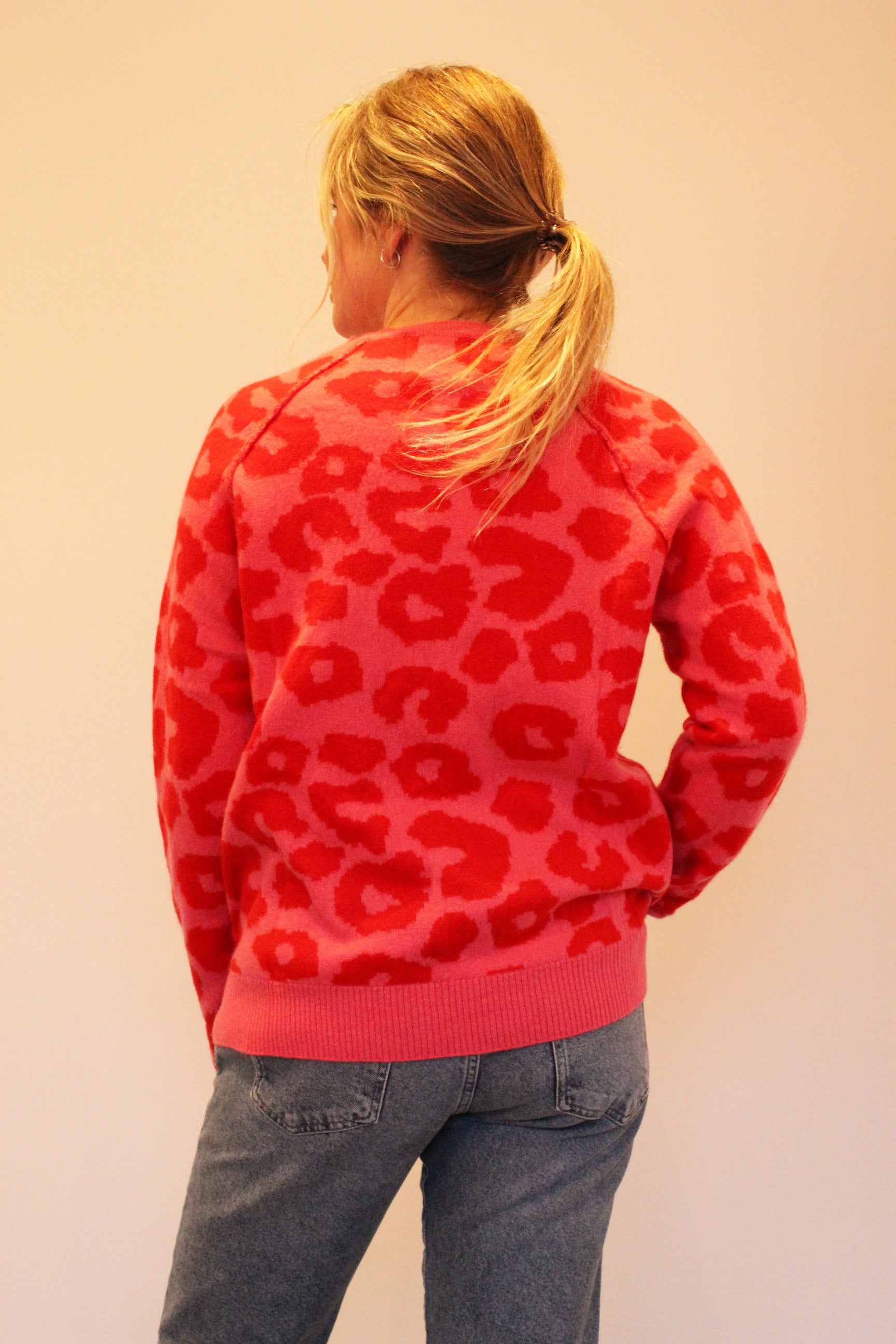 JU Reverse Leopard Sweater in Candy Red