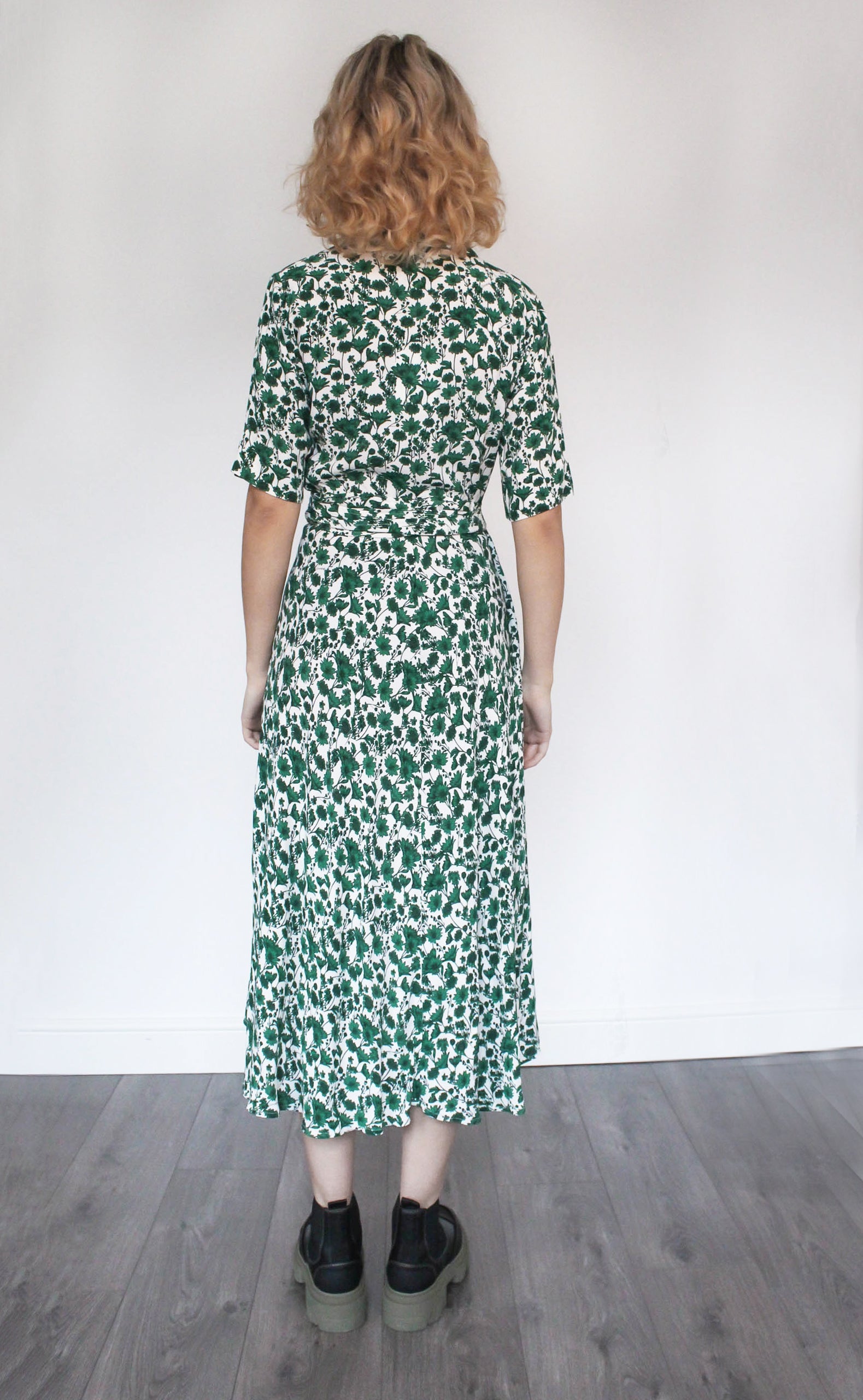 GANNI F6268 Printed Wrap Dress in Dark Green