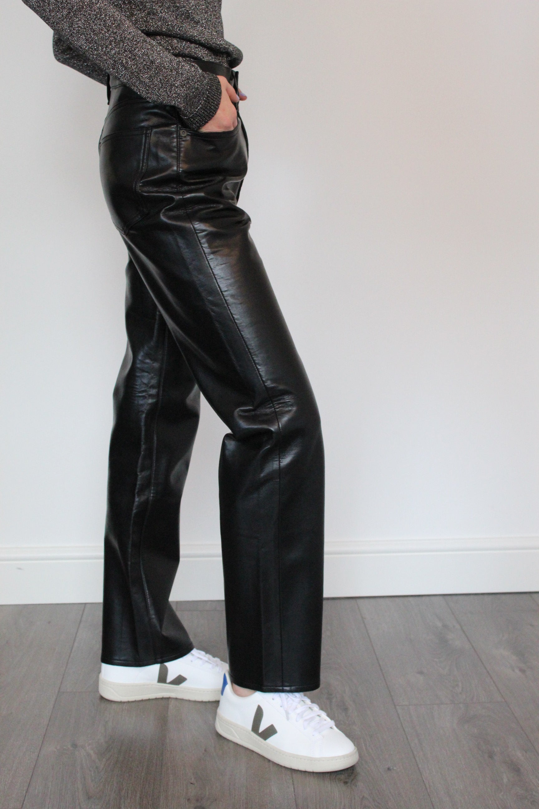 AGOLDE Recycled Leather 90's Pinch Waist Trousers in Black