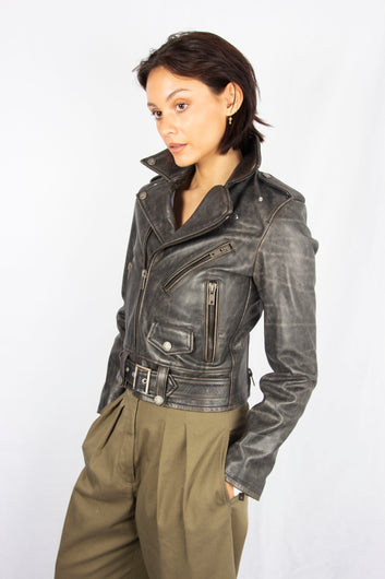 GG Golden Collection Chiodo Leather Jacket with Distressed Treatment