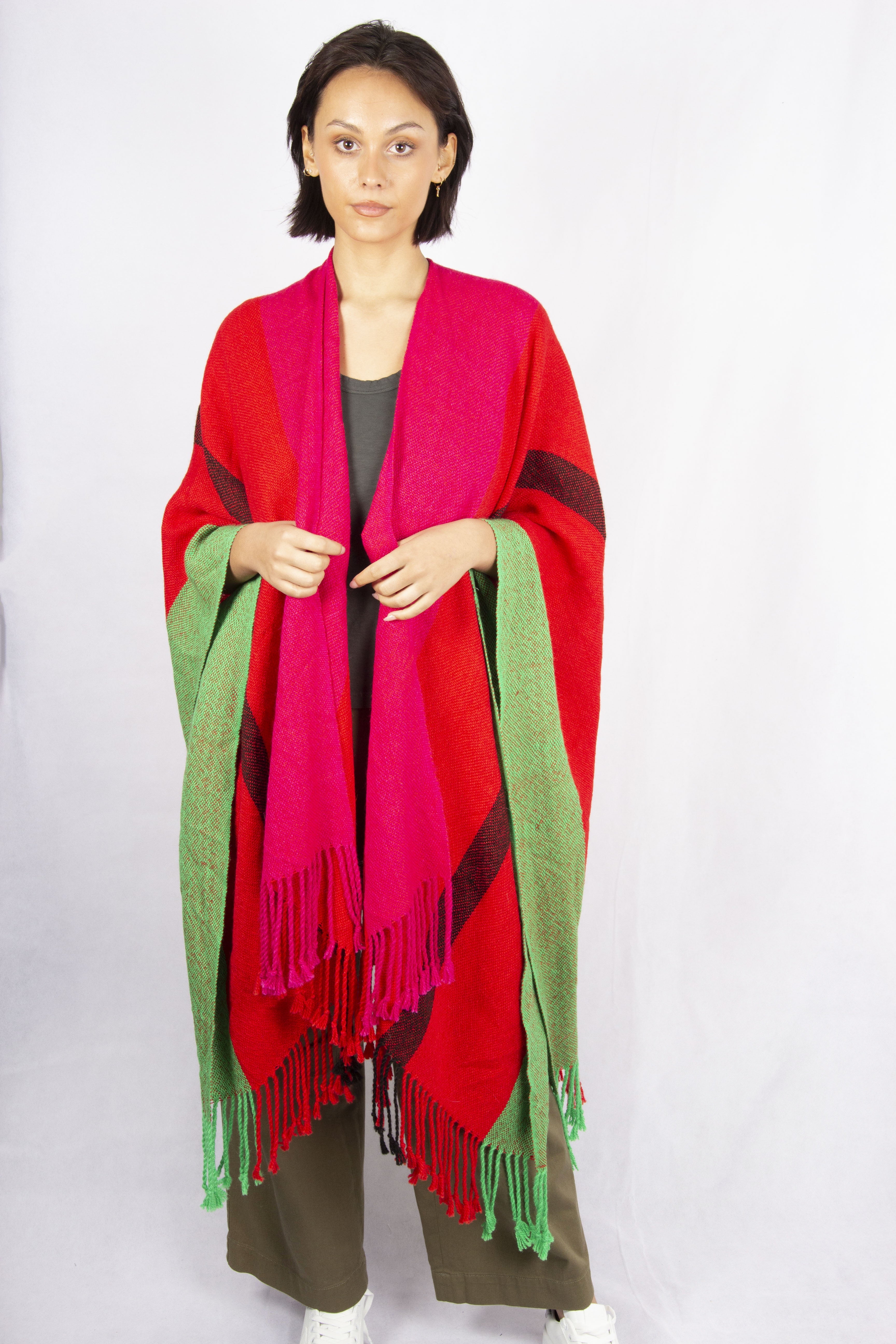 EDC Multicoloured Poncho in Red Pink and Green