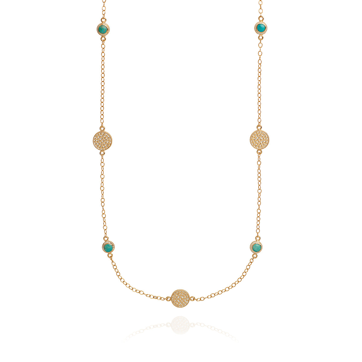 AB NK10085 Long multi disc necklace in gold, turquoise