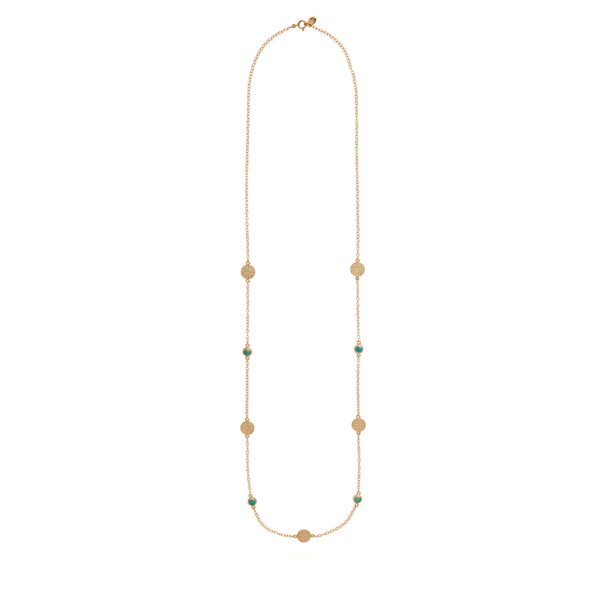 AB NK10085 Long multi disc necklace in gold, turquoise
